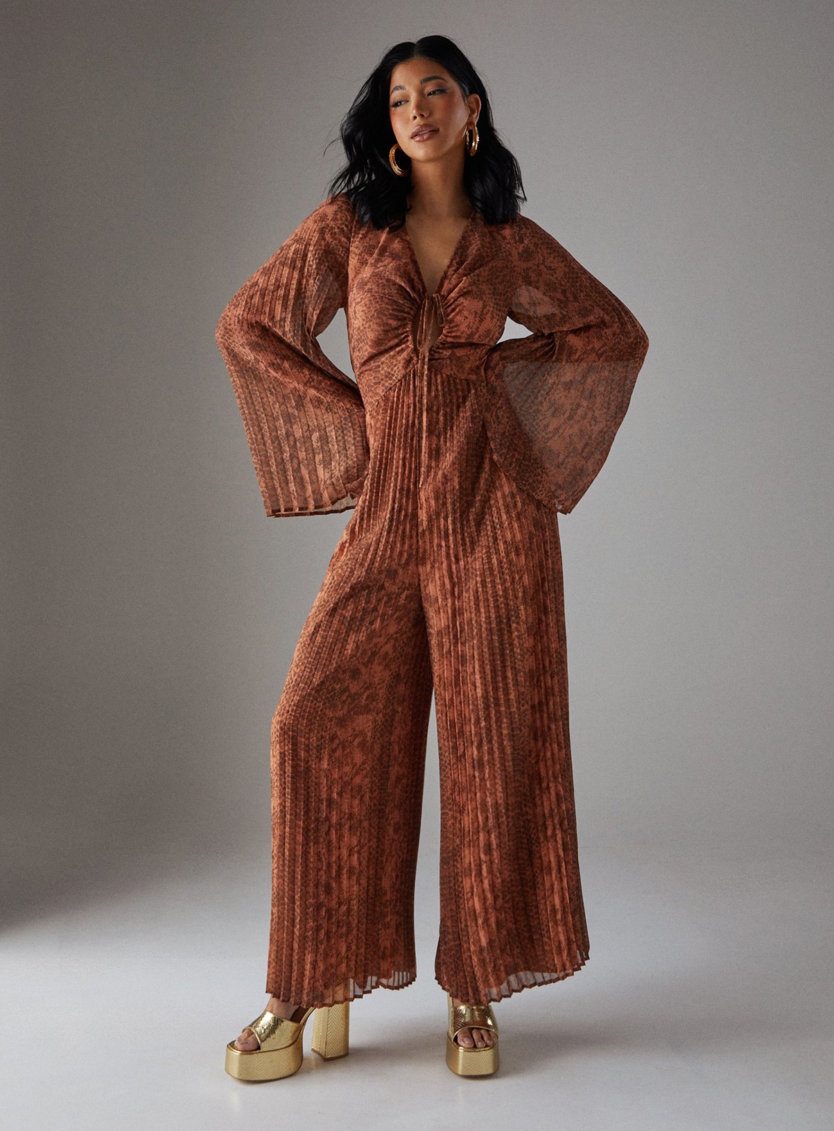 WAREHOUSE Chiffon Pleated Keyhole Flared Sleeve Jumpsuit 