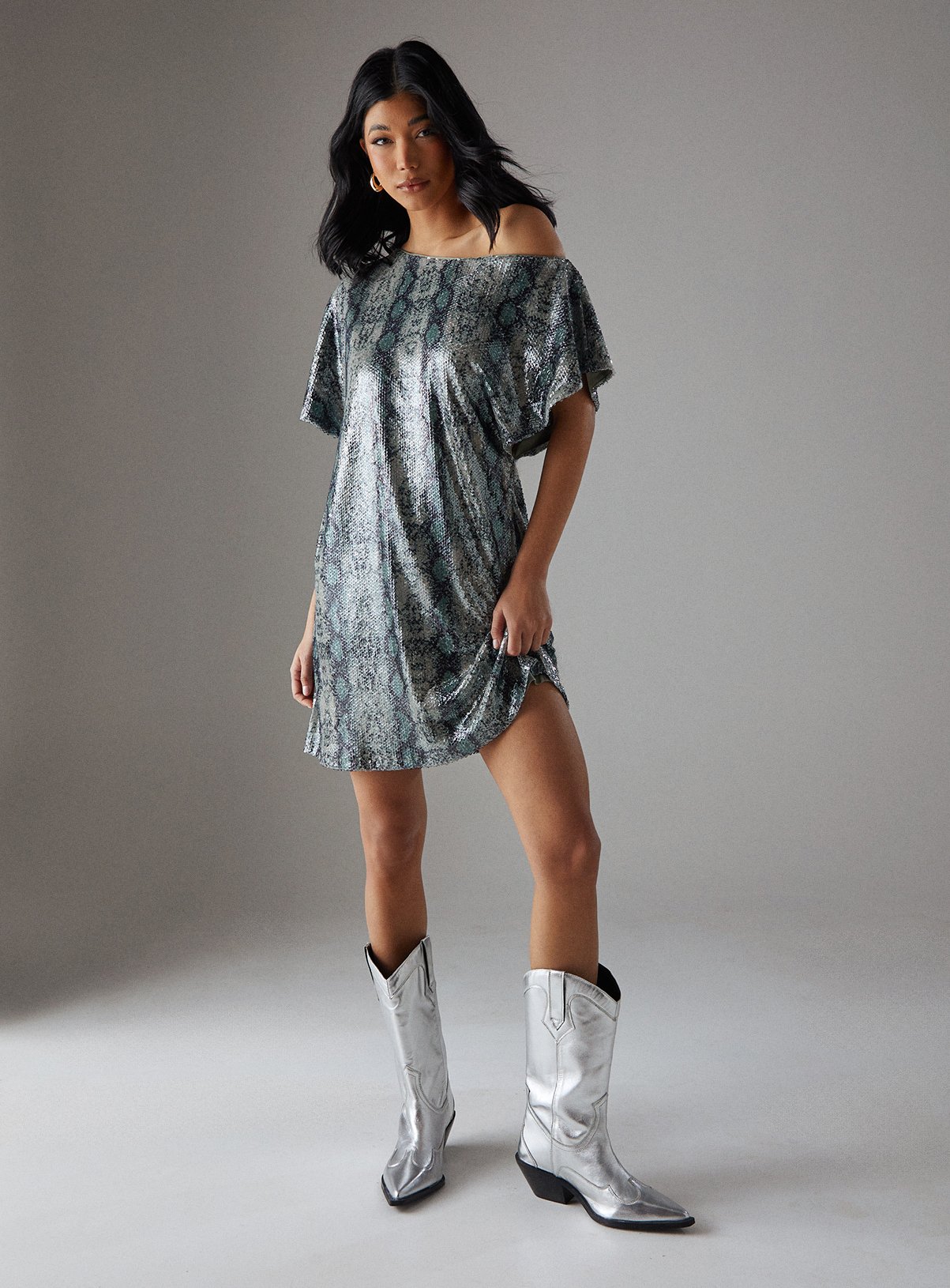 WAREHOUSE Snake Sequin Fallen Shoulder Slouchy Mini Dress 
