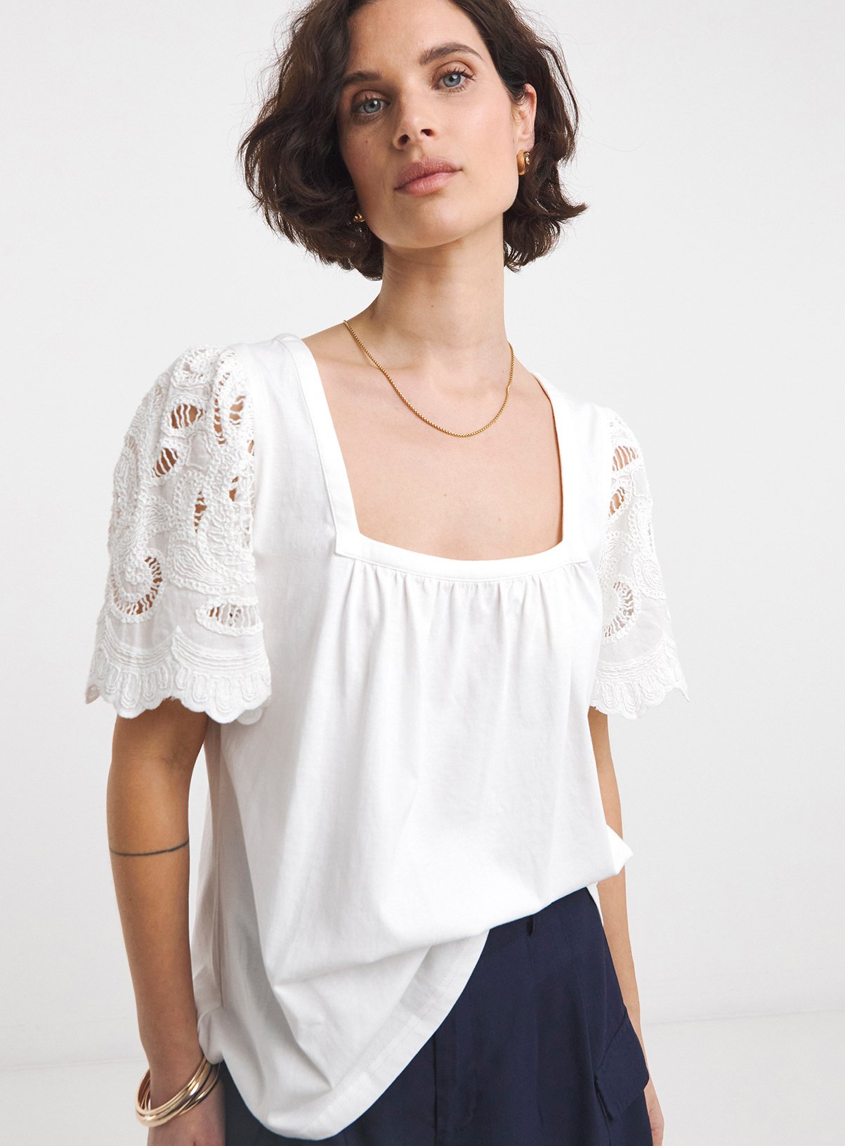JD WILLIAMS Square Neck Lace Sleeve Top