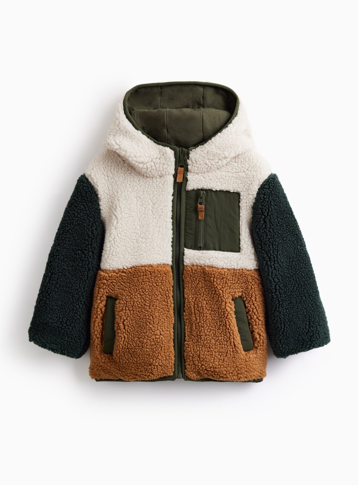 Khaki Colour Block Borg Fleece Hooded Jacket 