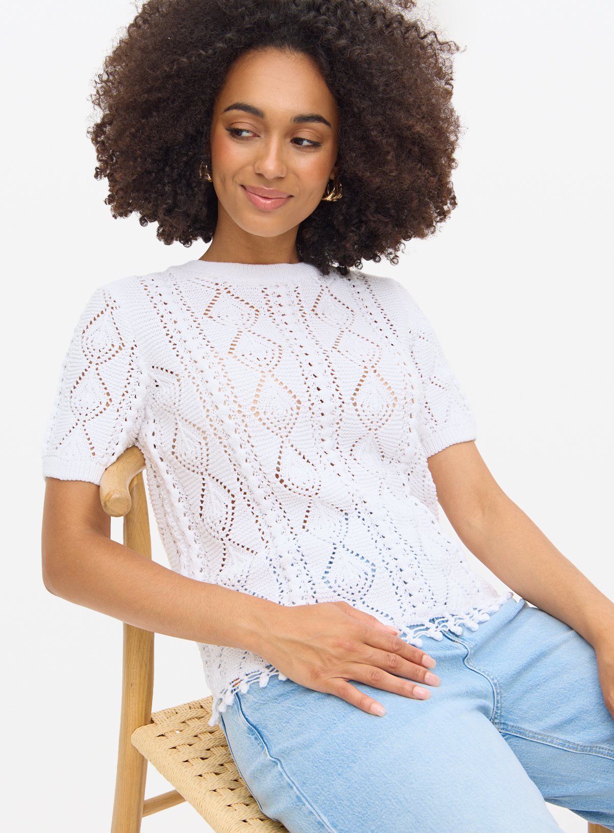 White Crochet Knitted T-Shirt 