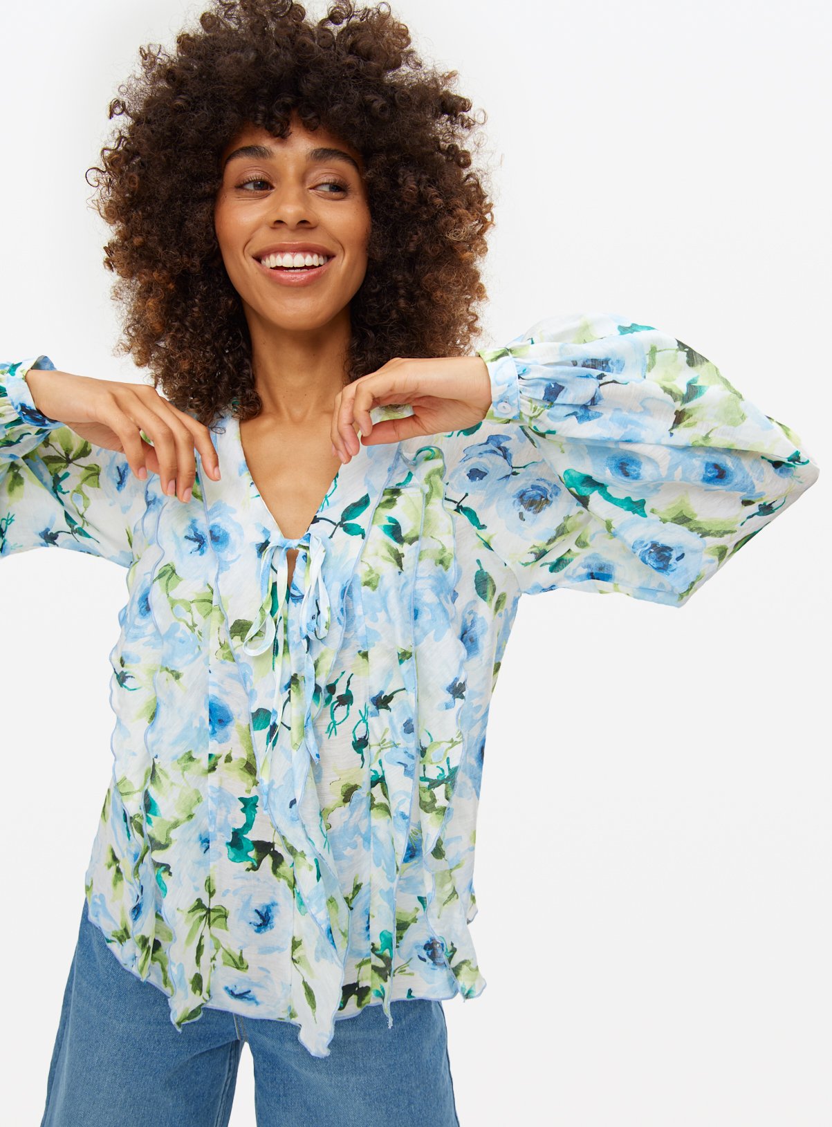 Blue Floral Frill Boho Blouse