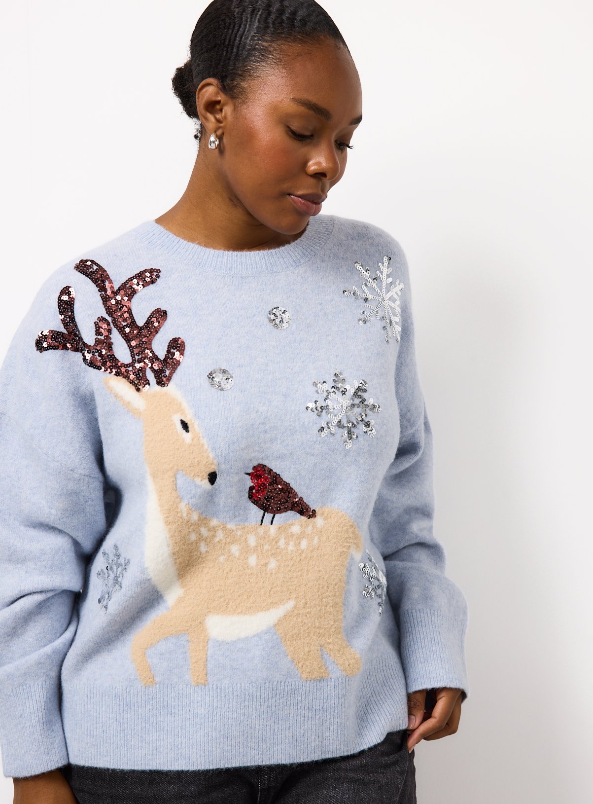 Blue Sequin Reindeer Robin Jumper 