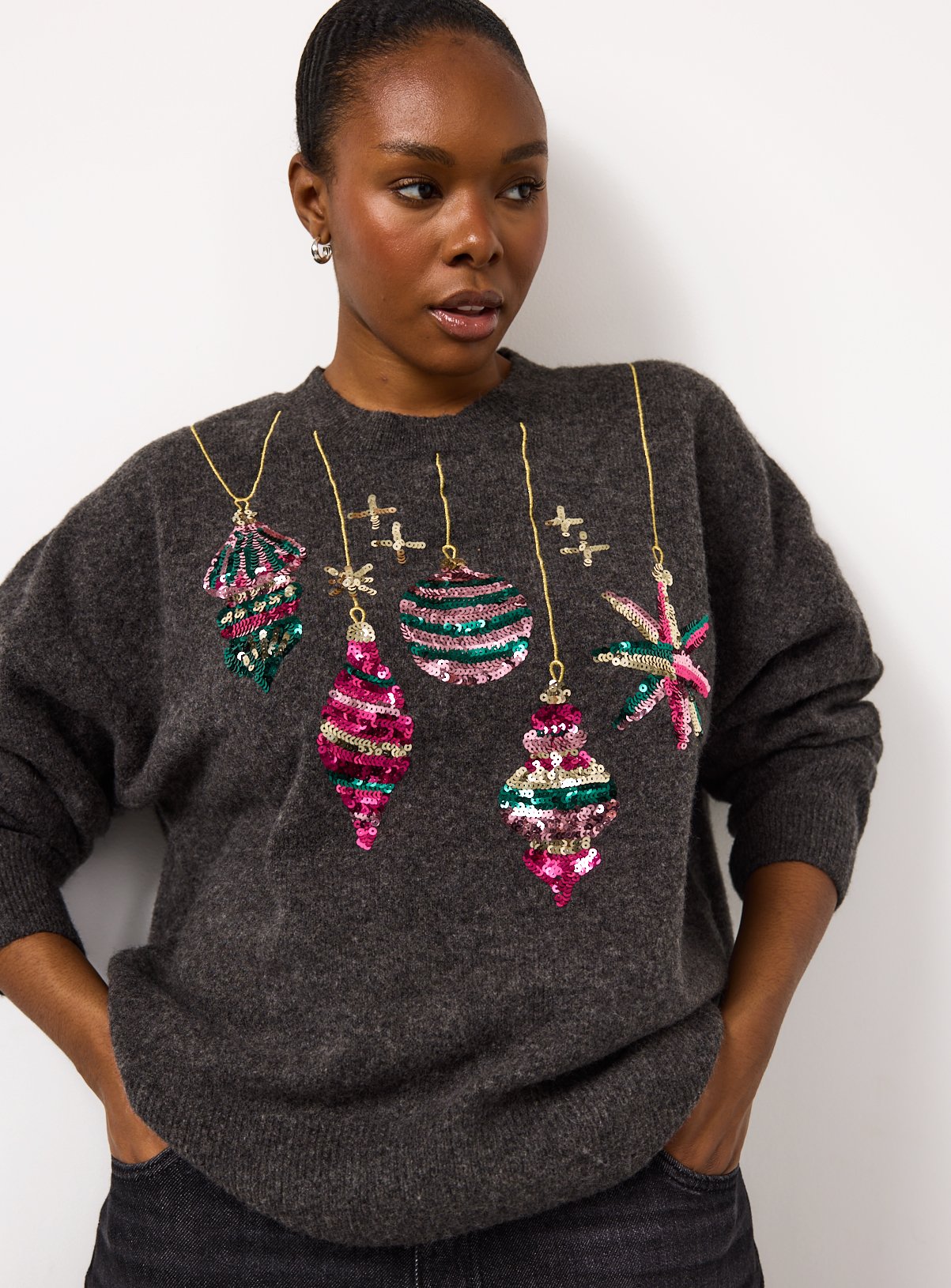 Charcoal Christmas Bauble Sequin Embellished Jumper 