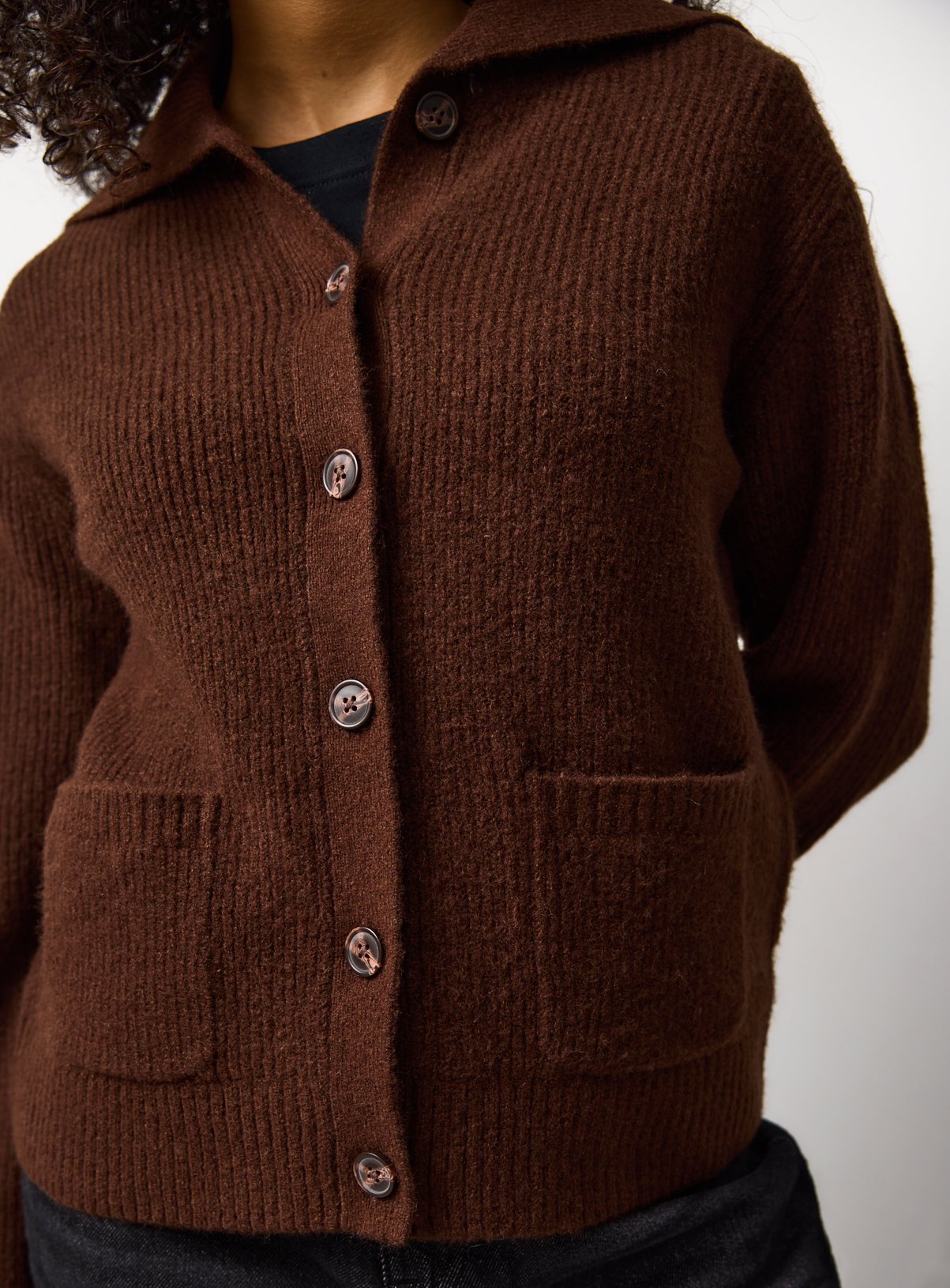 Brown Ribbed Collared Fisherman Cardigan L
