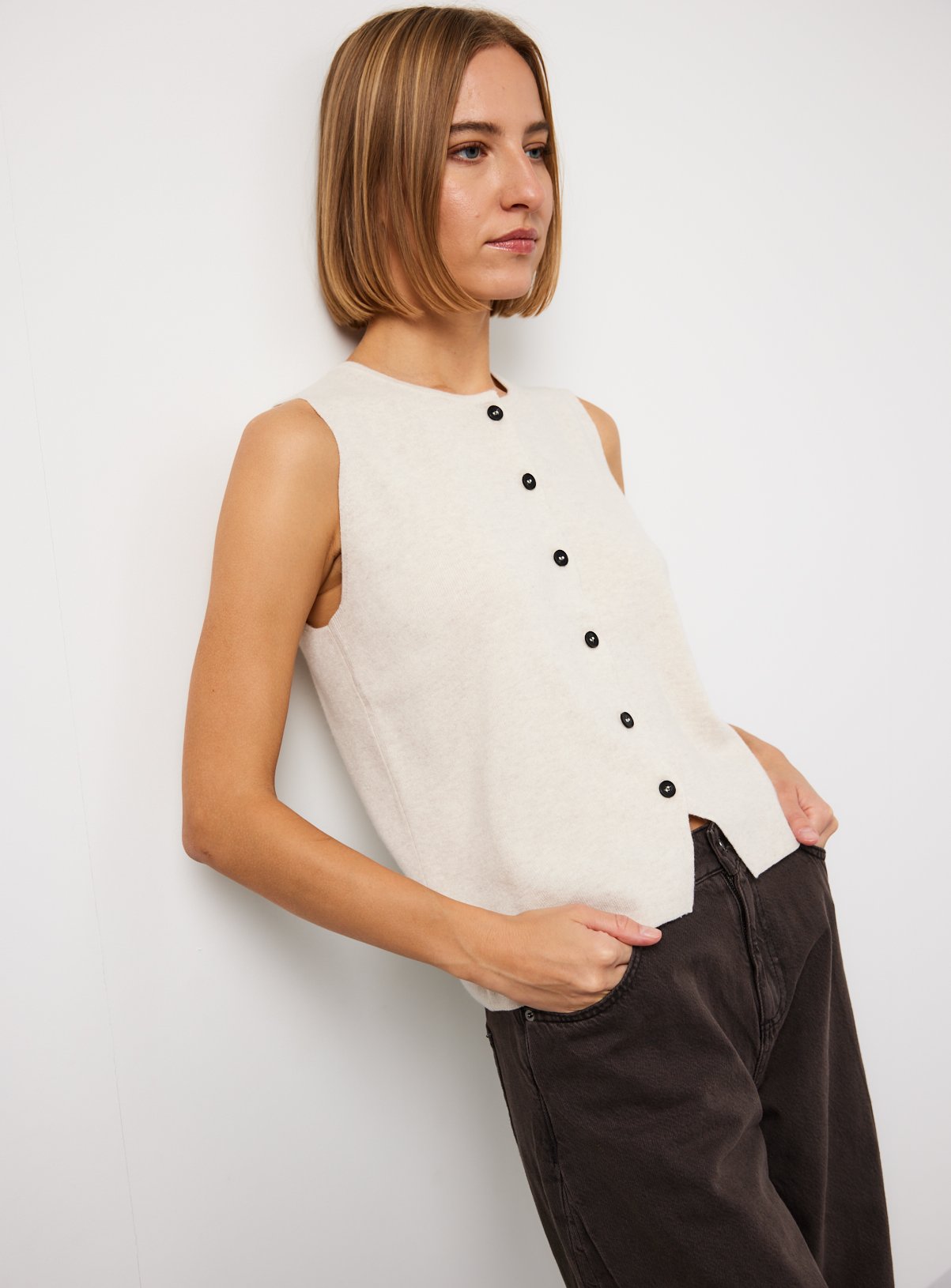 Oatmeal Premium Cashmere Merino Button Through Vest
