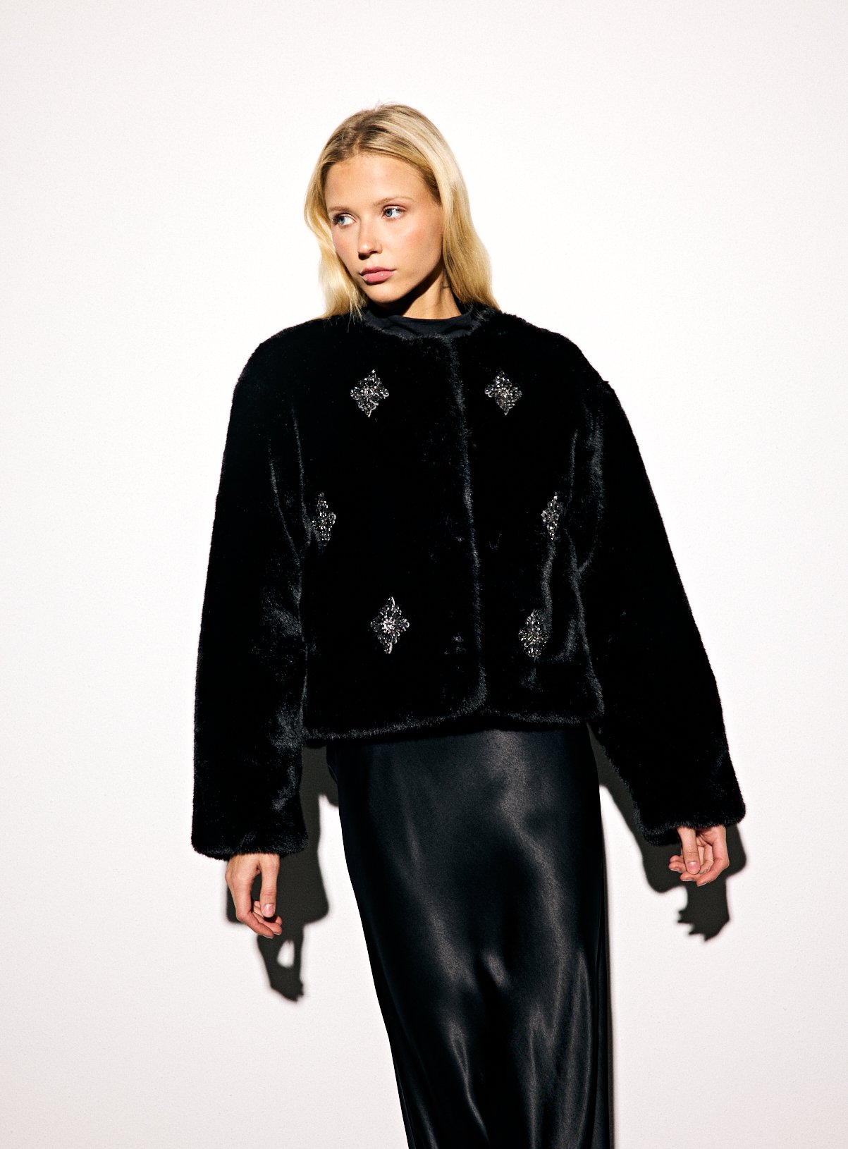 Black Embellished Collarless Faux Fur Jacket