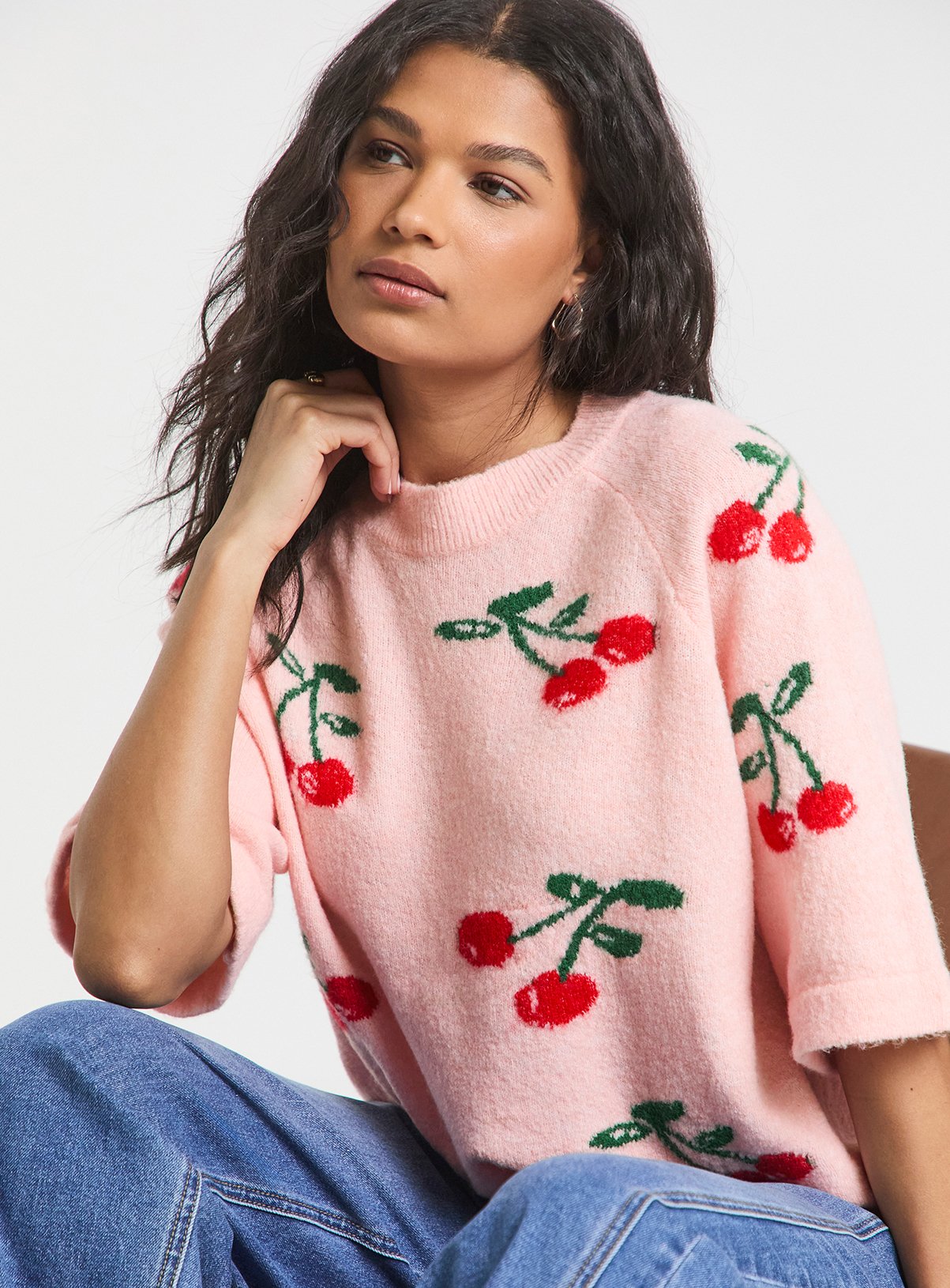 SIMPLY BE Cherry Print Half Sleeve Knitted T Shirt 
