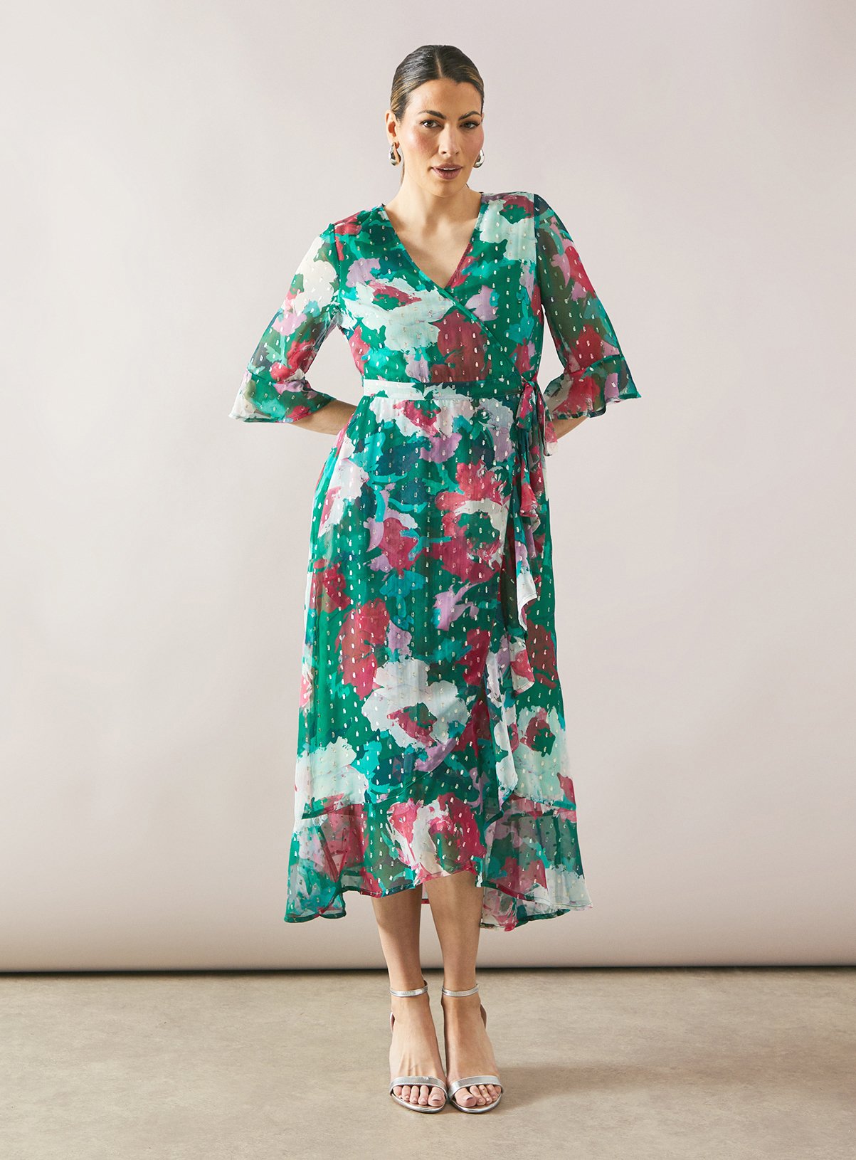 WALLIS Floral Glitter Spot Ruffle Midi Dress 