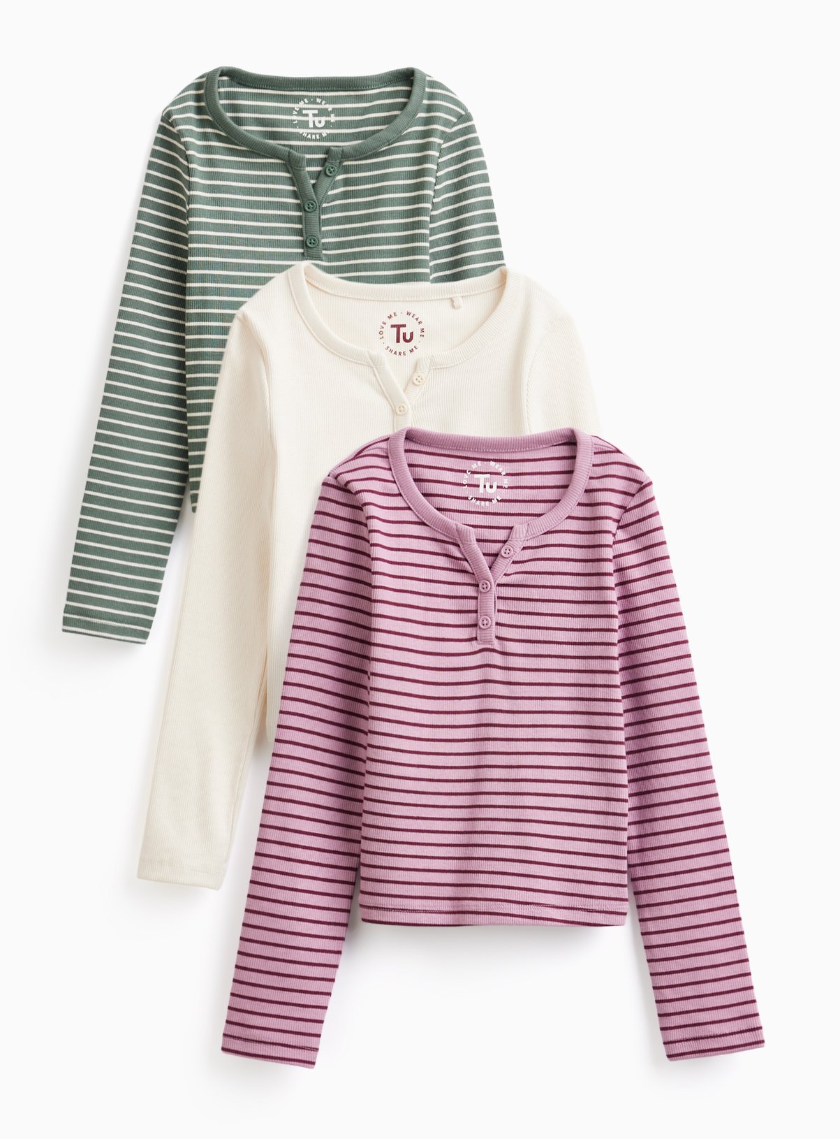 Pink Striped Henley Slim Fit Tops 3 Pack 14 years