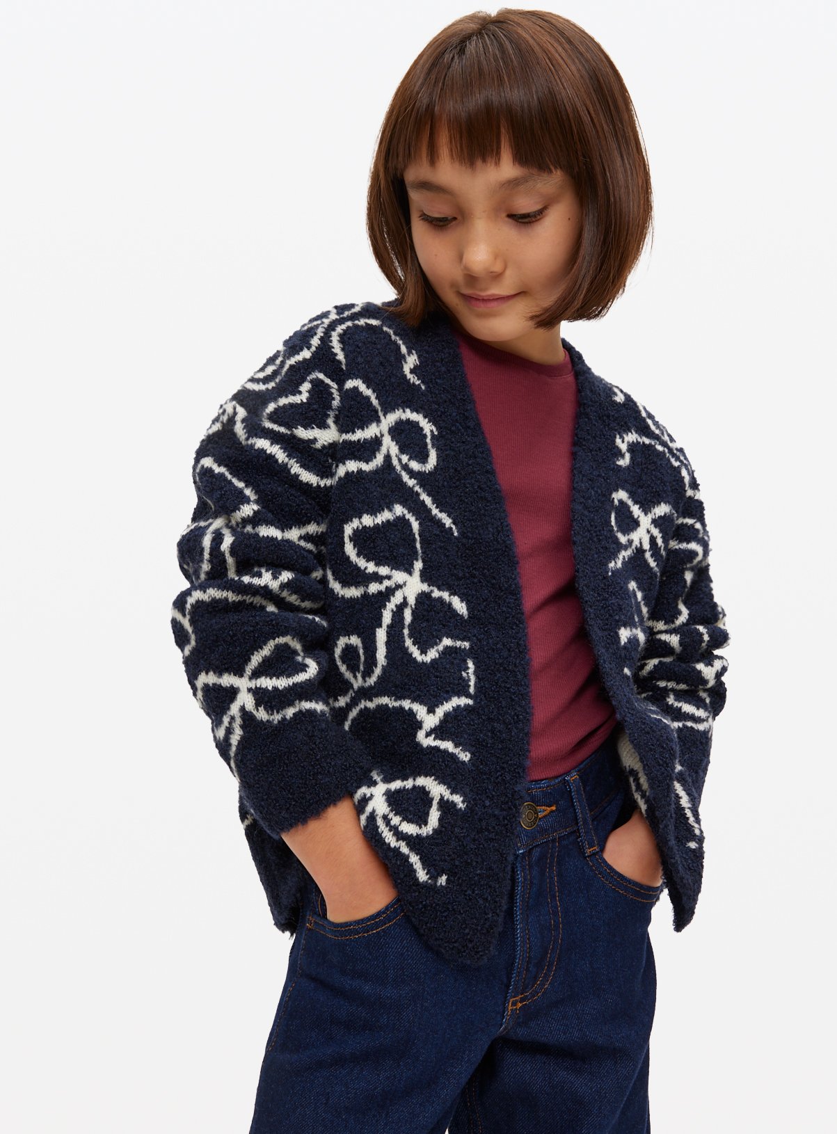 Navy Bow Print Boucle Cardigan 13 years