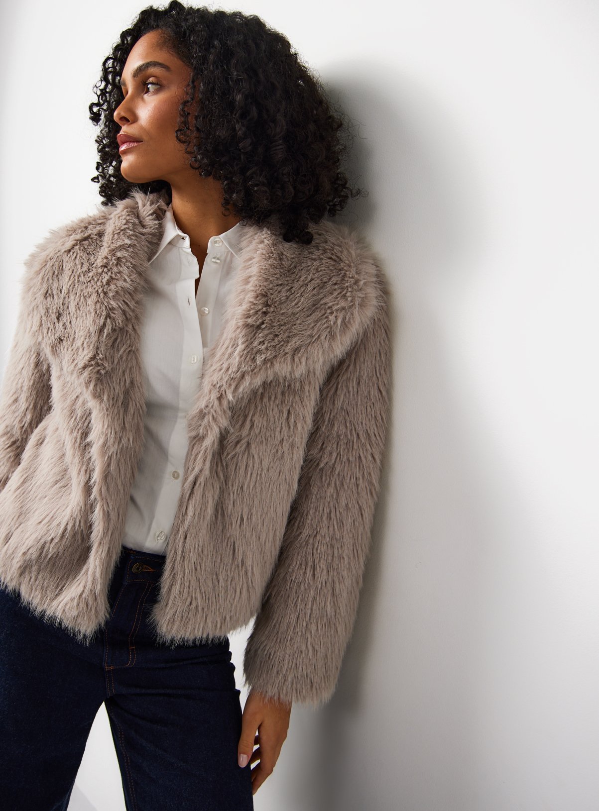 Relaxed Collared Faux Fur Jacket