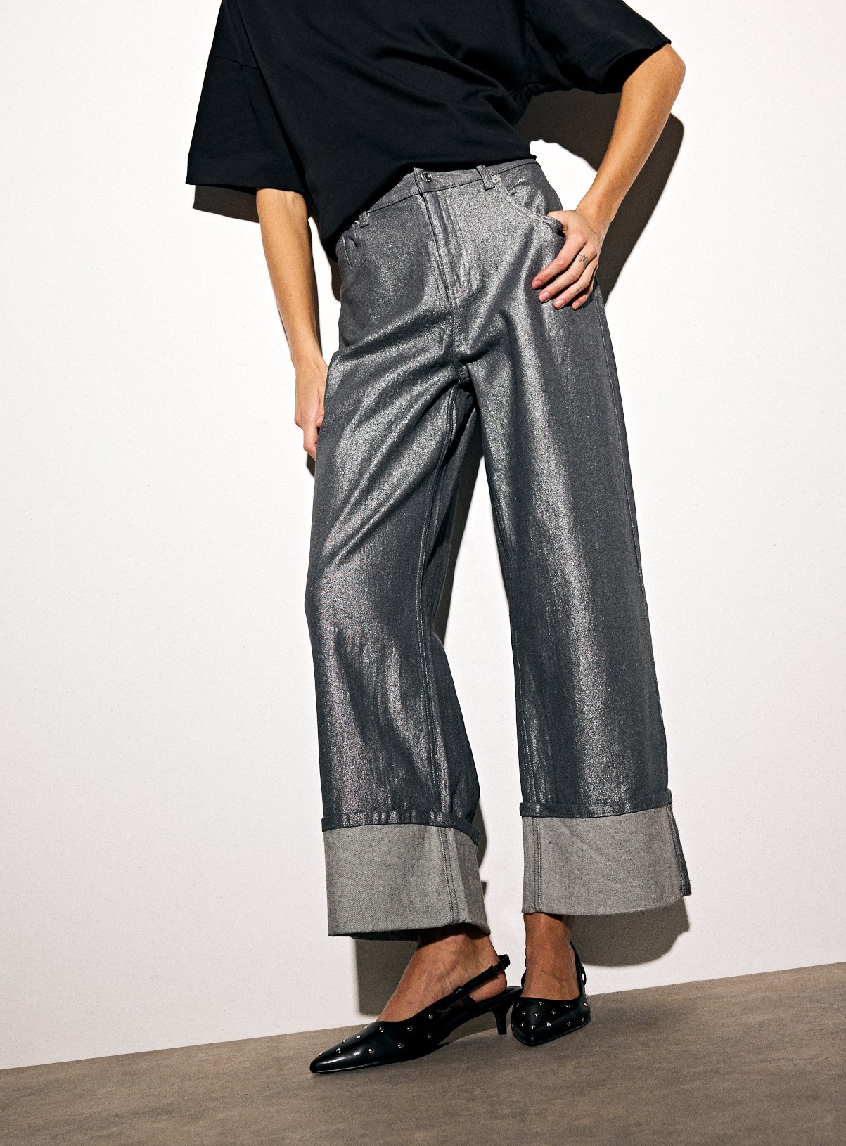 Mini Me Silver Coated Wide Leg Turn Up Jeans  