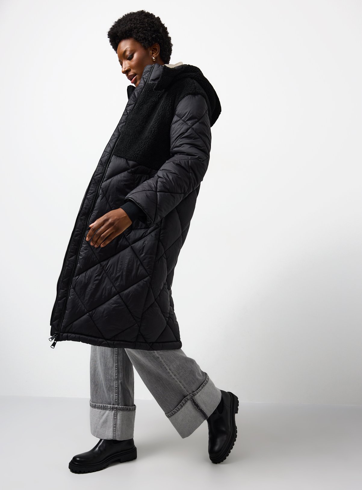 Black Mixed Fabric Longline Padded Coat 