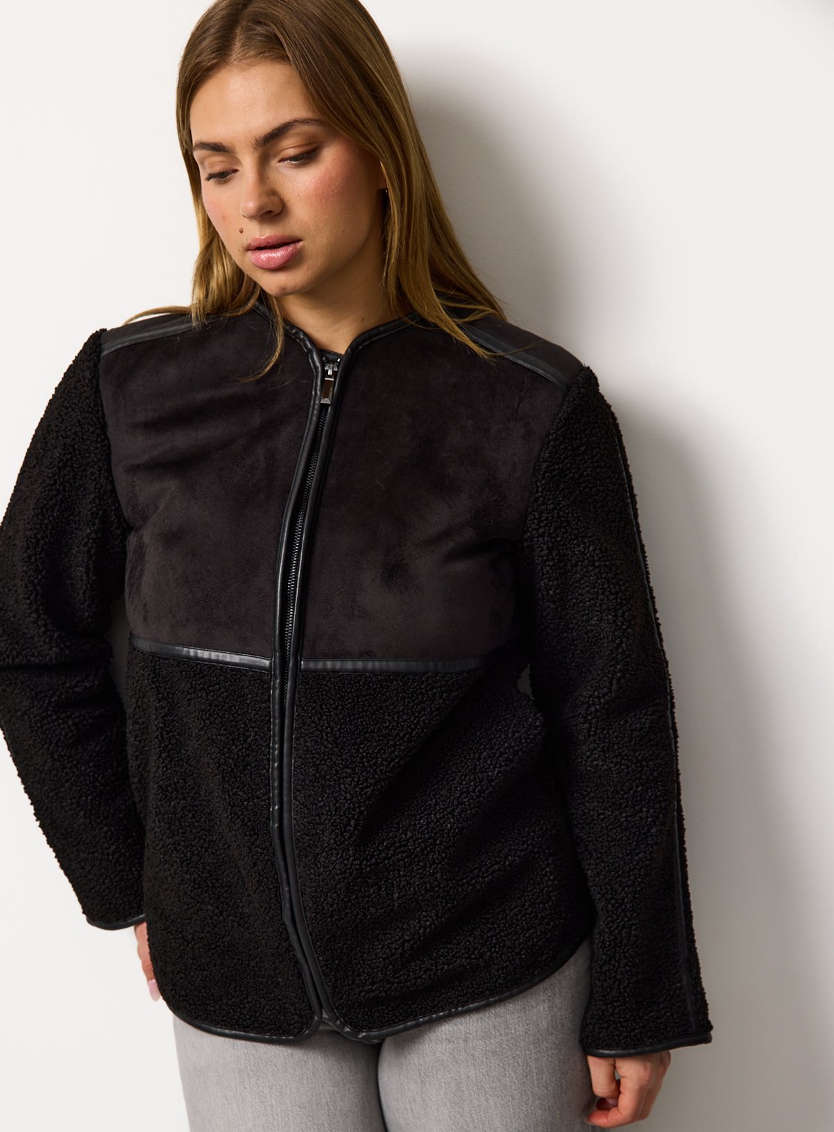 Black Zip Through Faux Shearling Jacket L