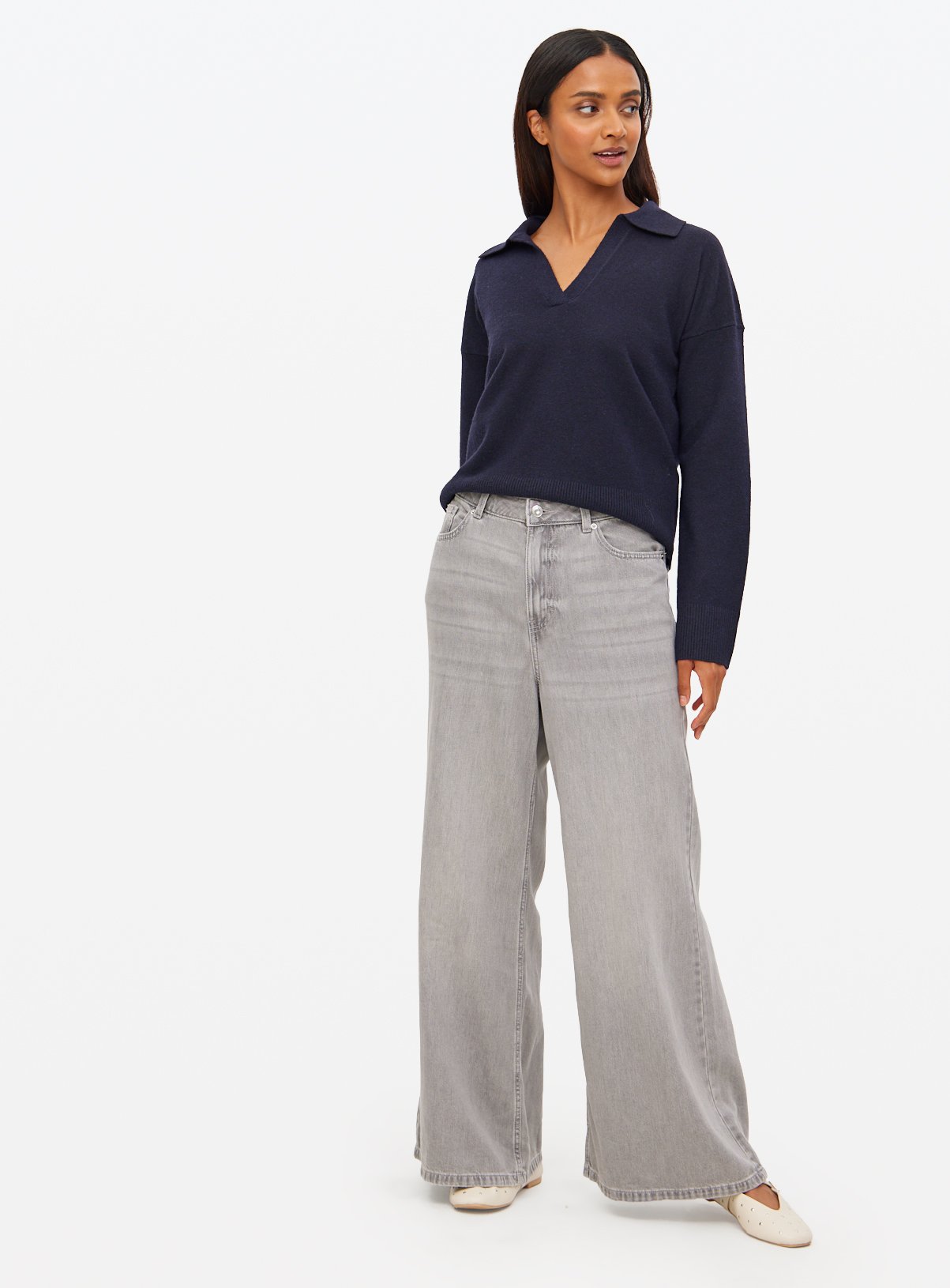 Grey Denim Lyocell Blend Flared Palazzo Jeans  