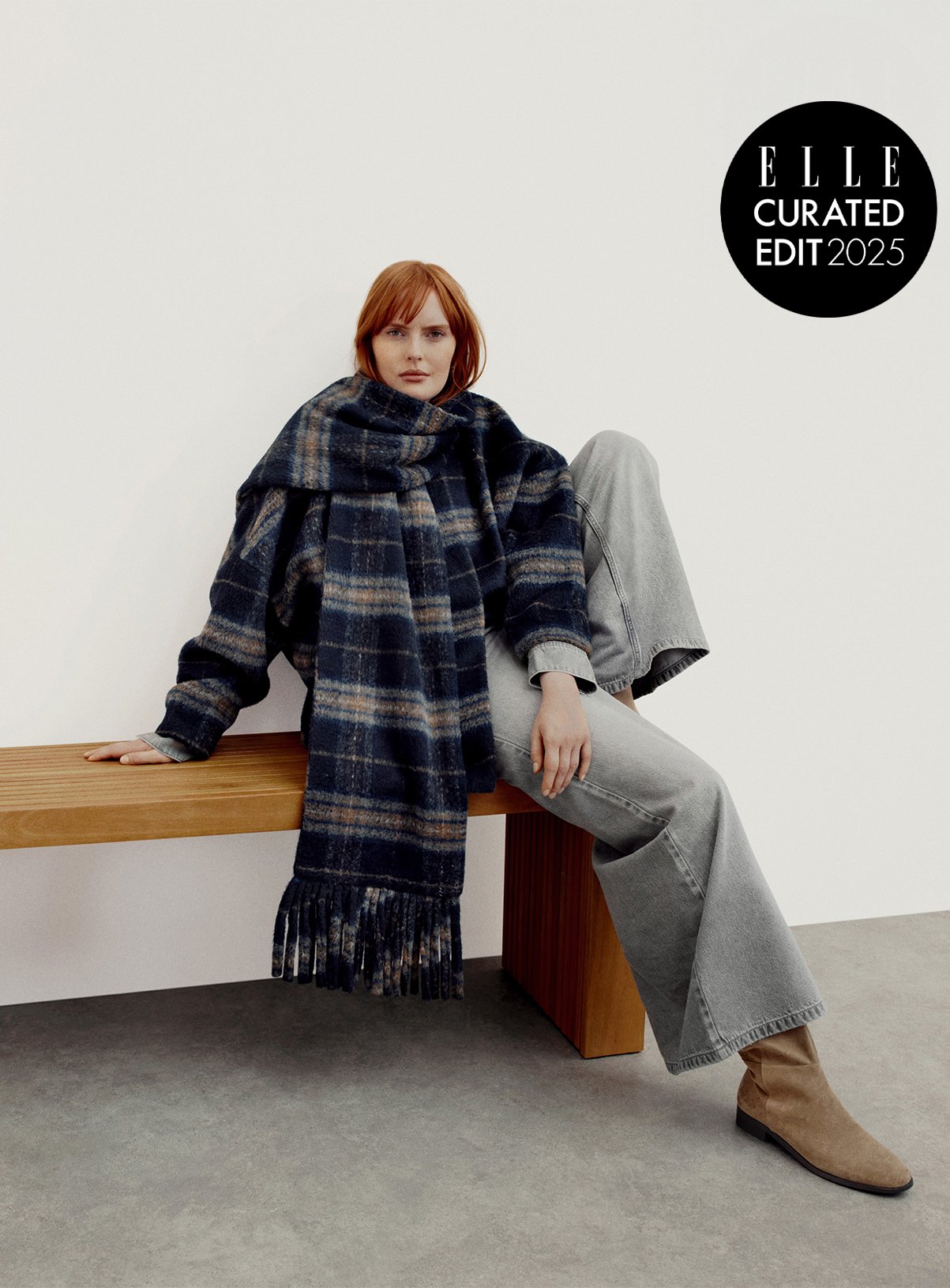 Navy Check Short Scarf Coat