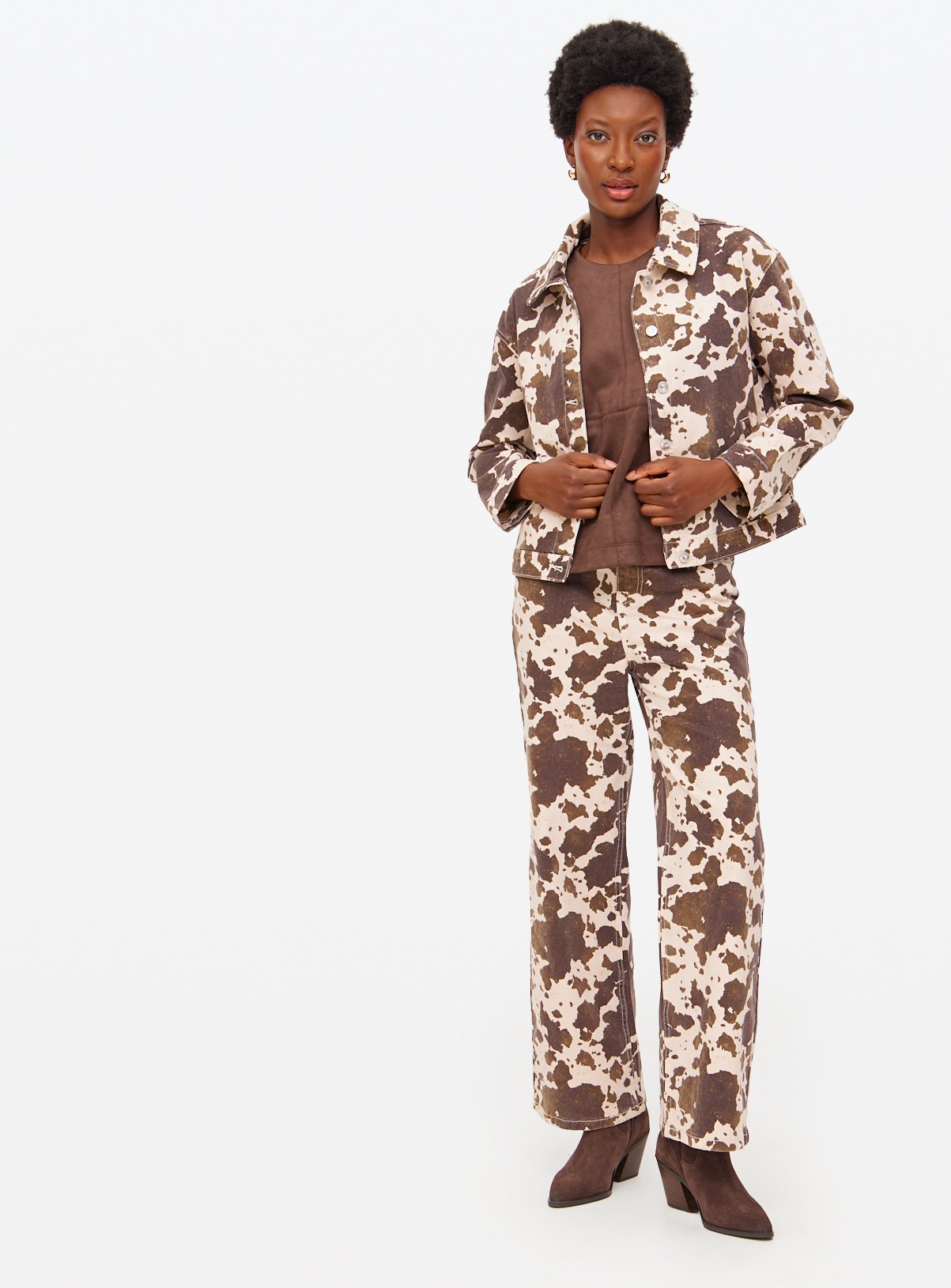 Cow Printed Wide Leg Co-ord Denim Jeans 