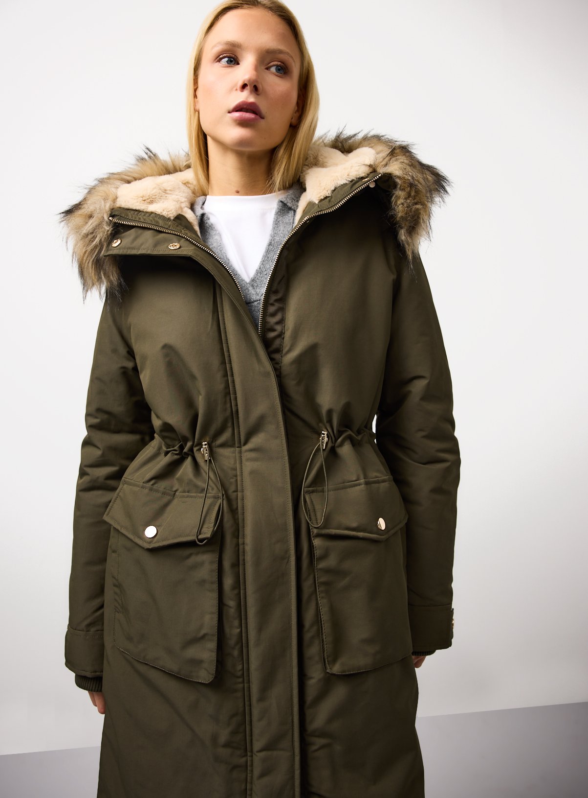 Khaki Faux Fur Hood Parka Coat S