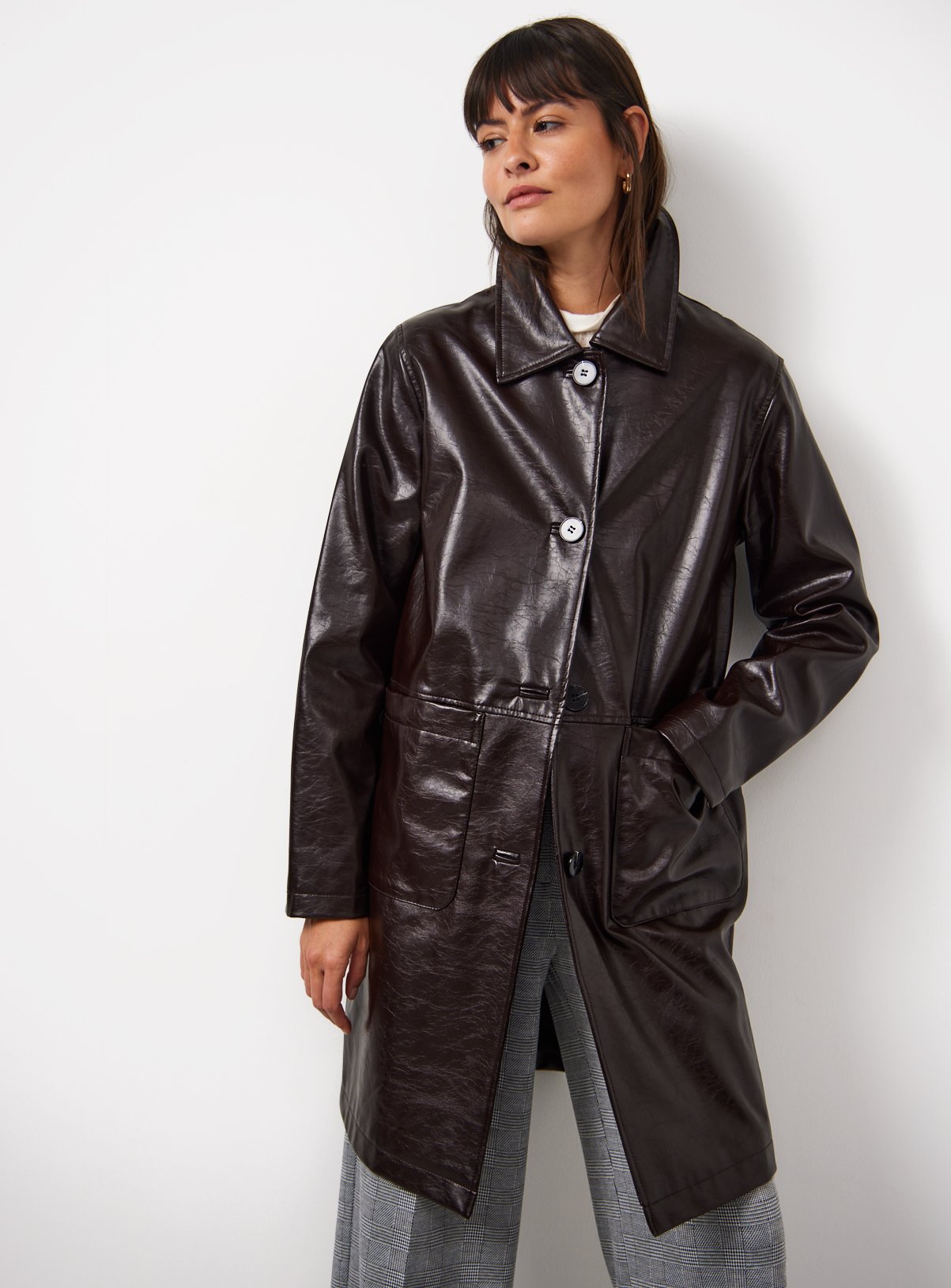 Buy Brown Patent Faux Leather Coat L Coats Tu