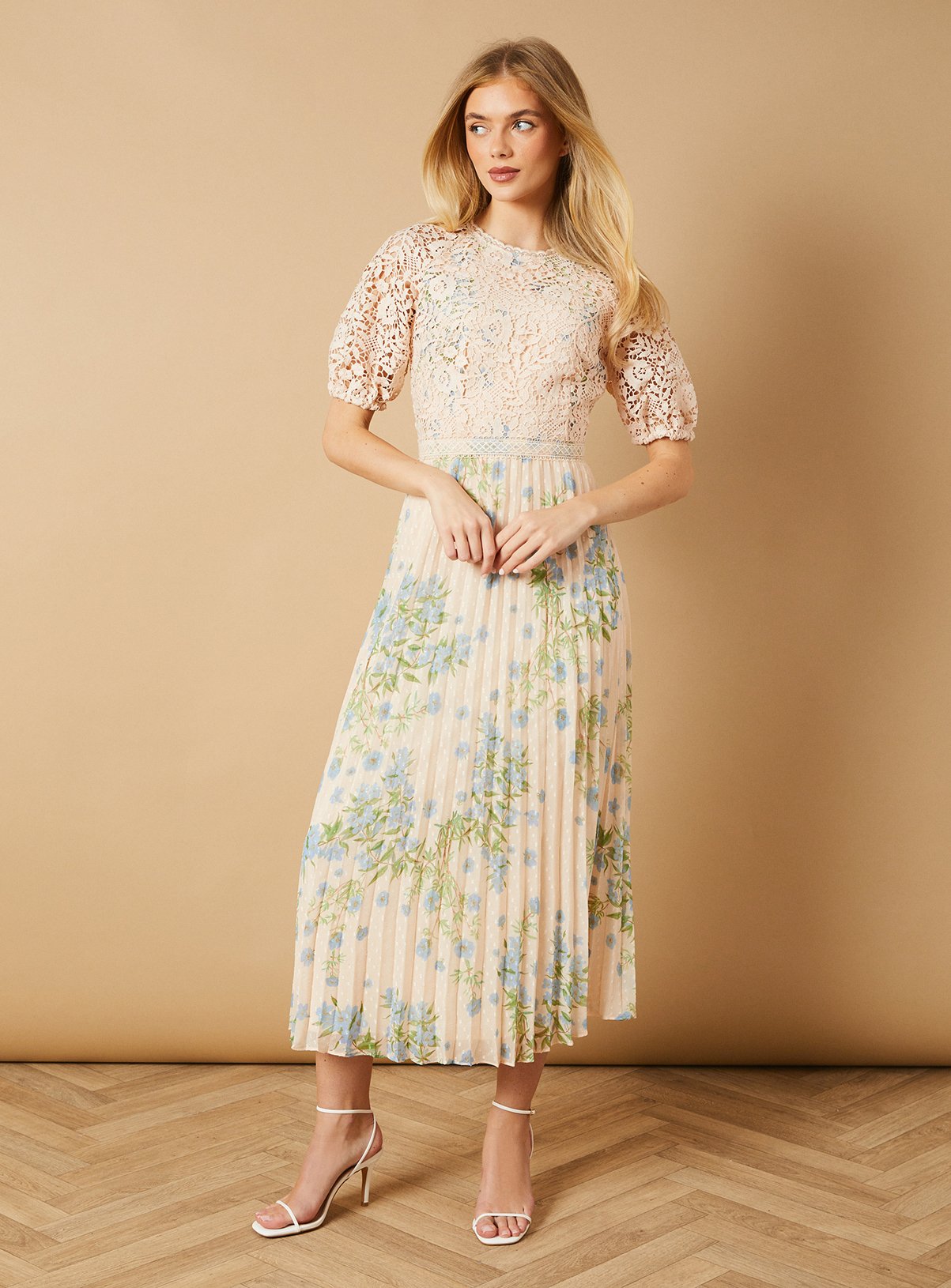 OASIS Occasion Floral Lace Bodice Pleated Midi Dress 