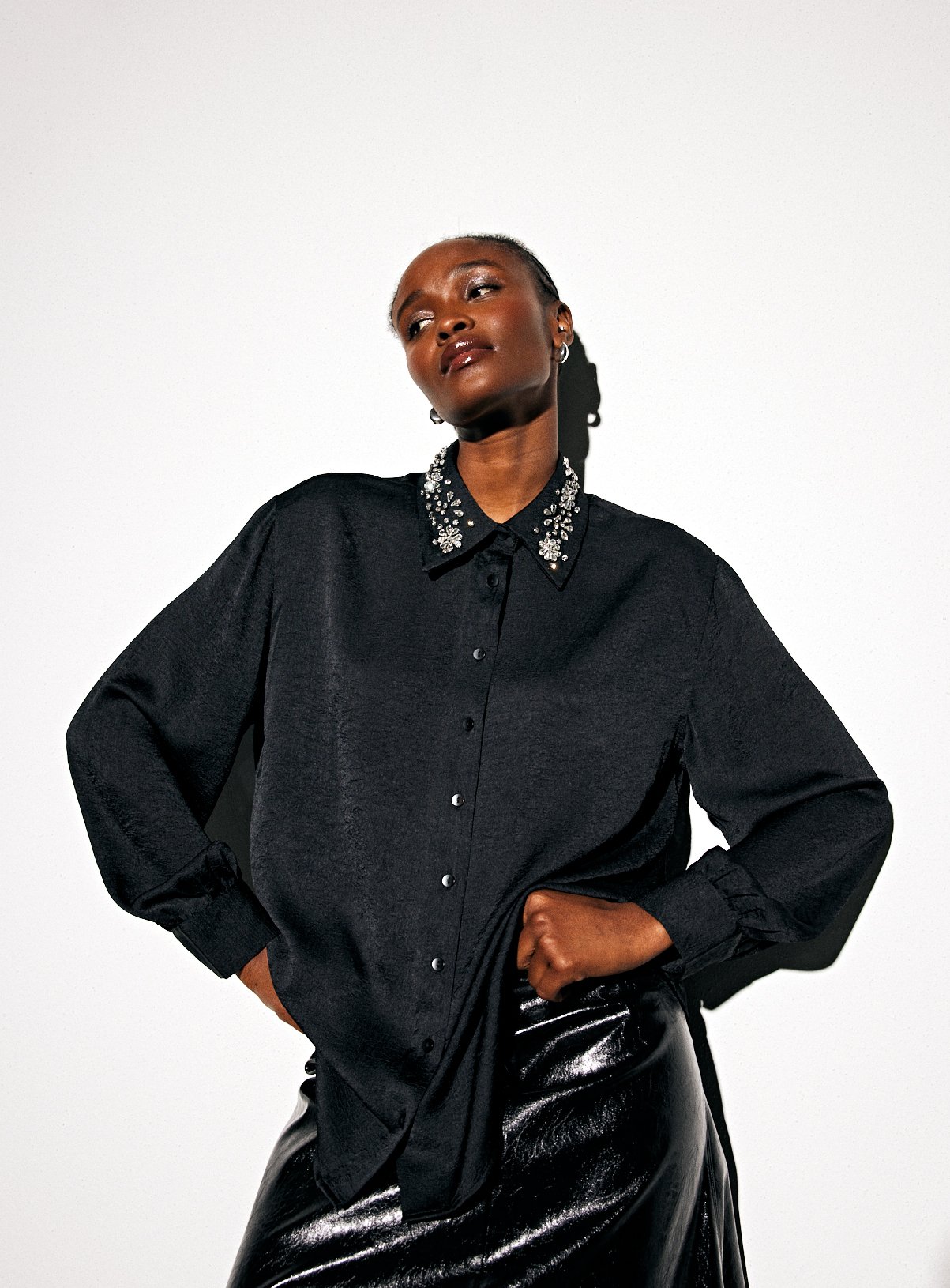 Black Embellished Collar Relaxed Satin Shirt 20