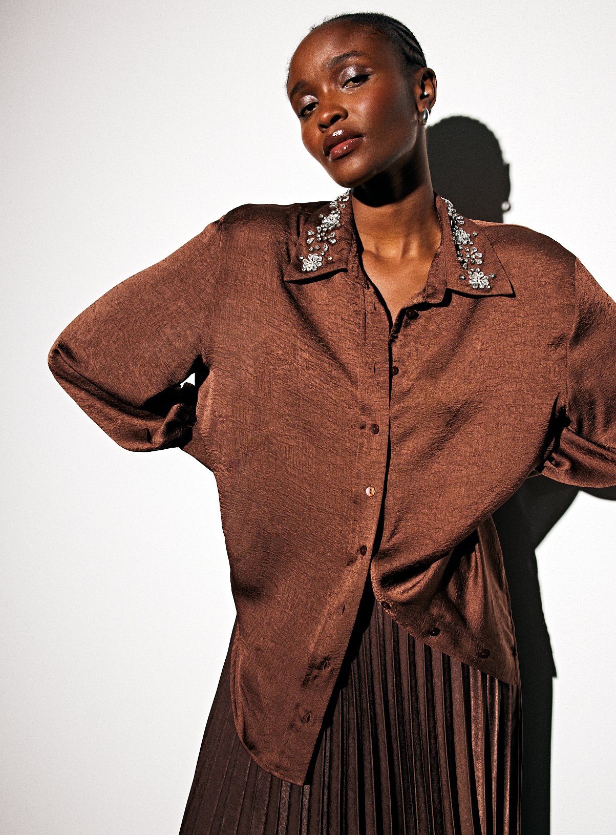 Embellished Collar Relaxed Satin Shirt 