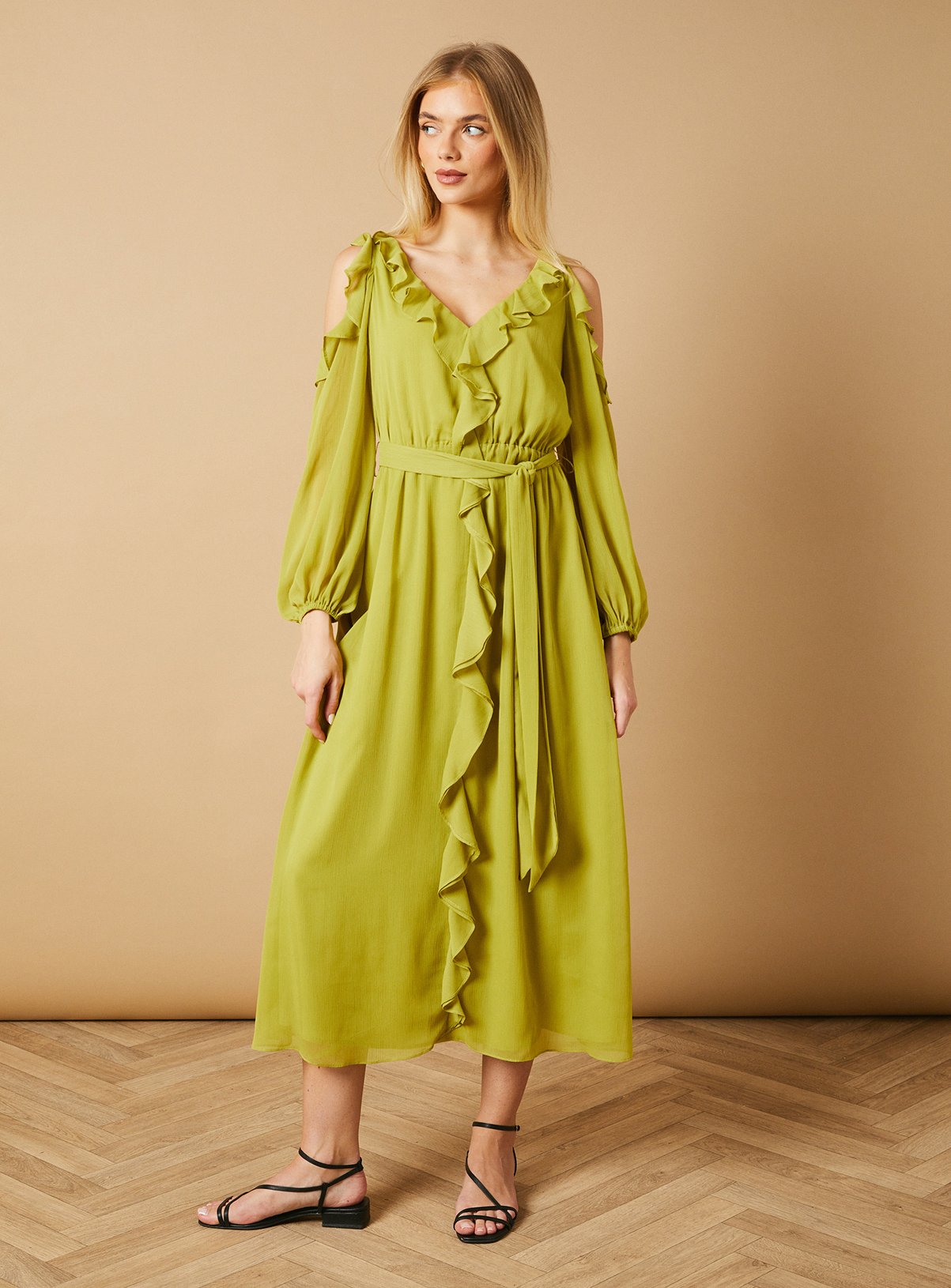 OASIS Cold Shoulder V Neck Belt Detail Midi Dress