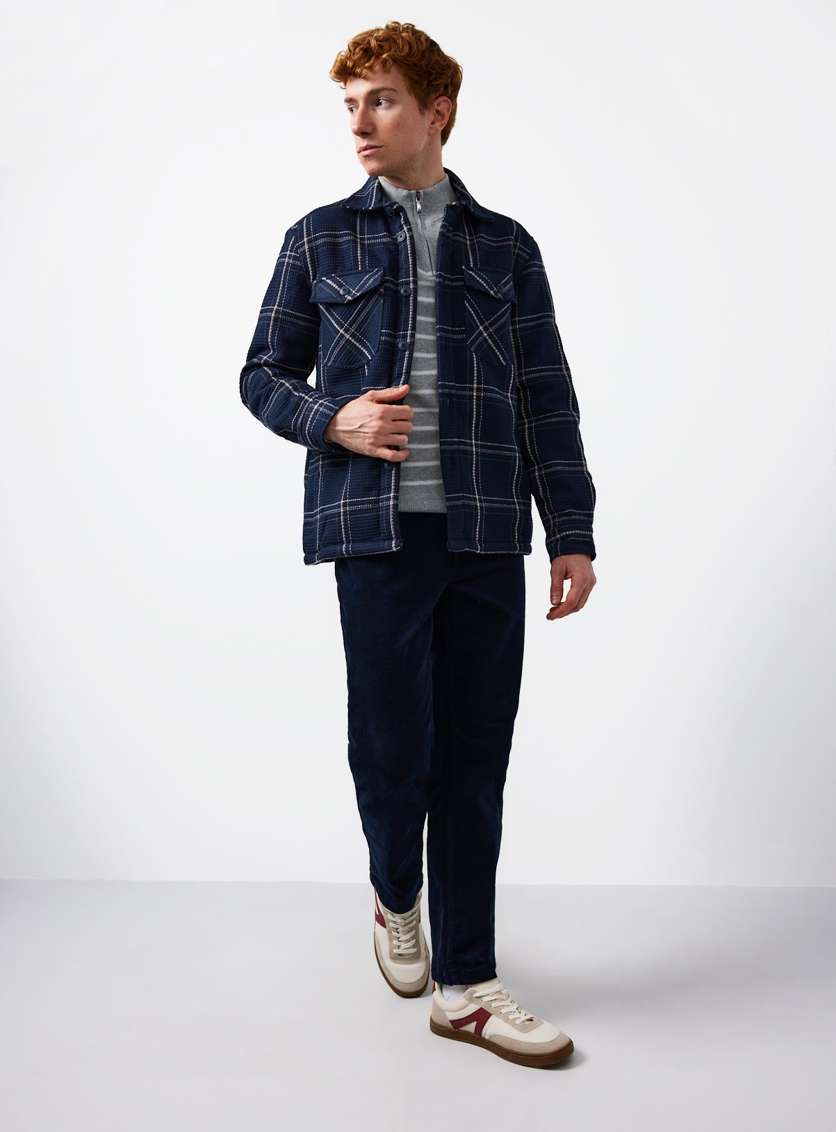 Navy Borg Lined Check Shacket