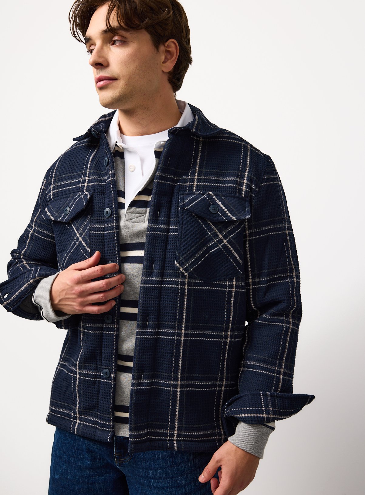 Navy Borg Lined Check Shacket 