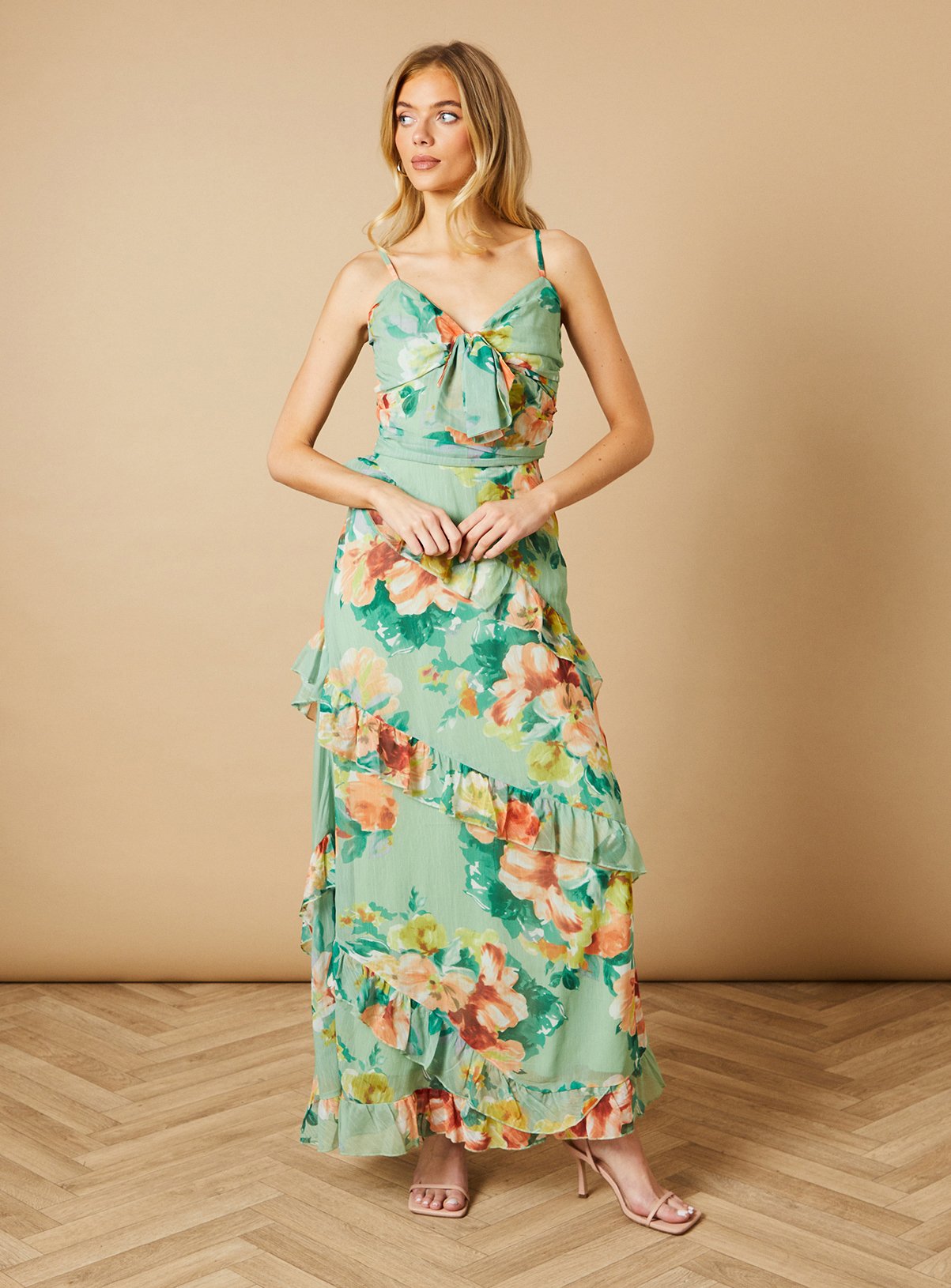 OASIS Floral Waist Detail Ruffle Maxi Dress 