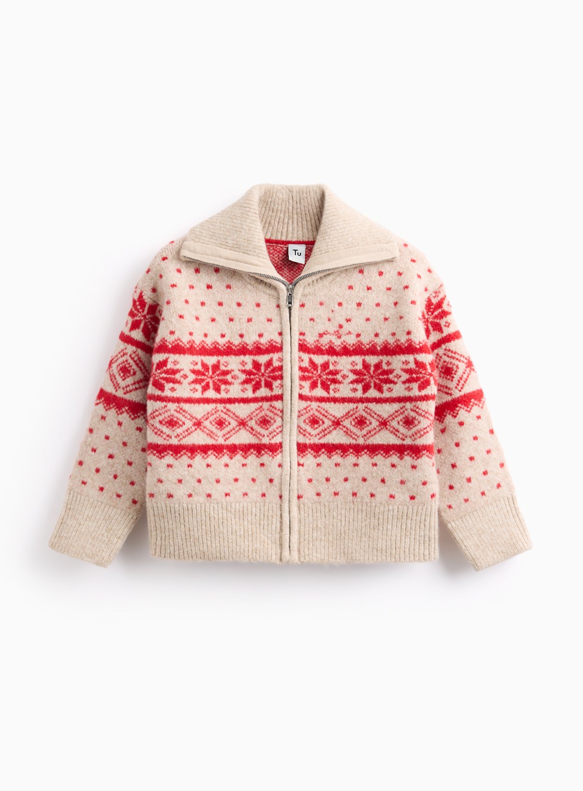Cream Fairisle Red Zip Knitted Cardigan