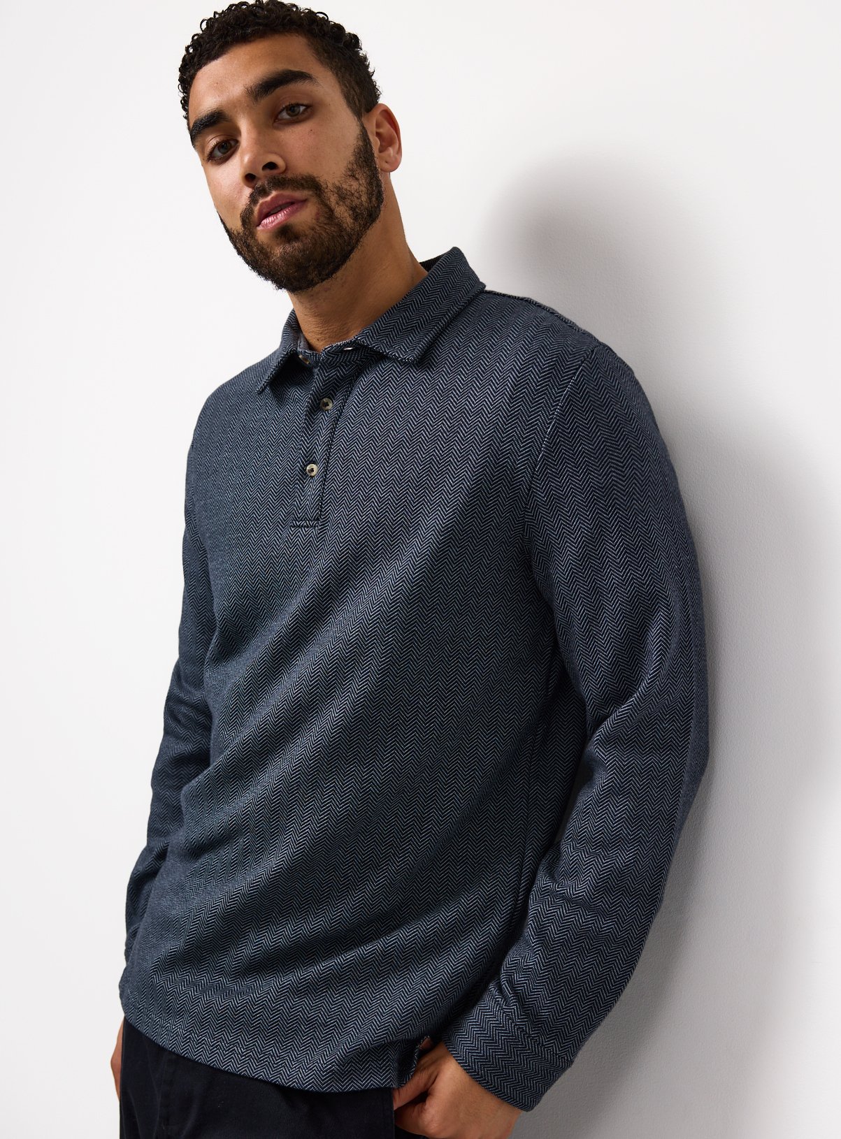 Navy Herringbone Polo Shirt L