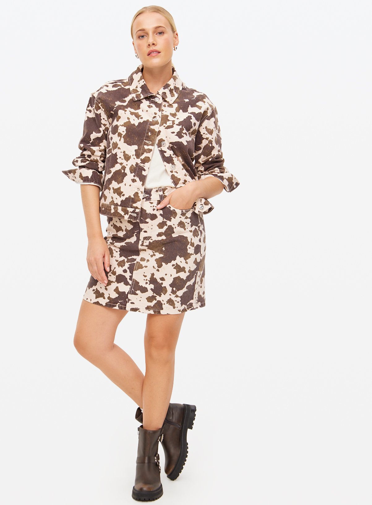 Cow Printed Co-ord Mini Denim Skirt