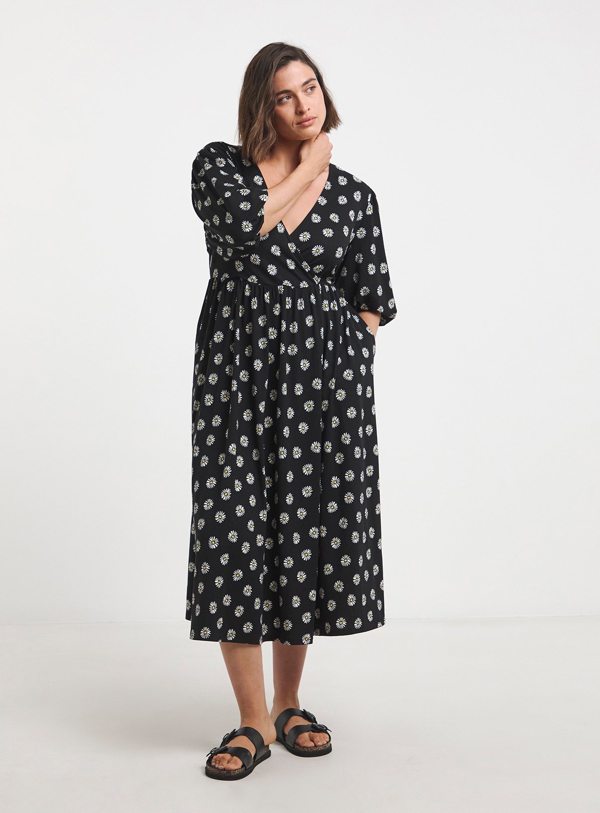 SIMPLY BE Supersoft Wrap Midi Dress Black Print