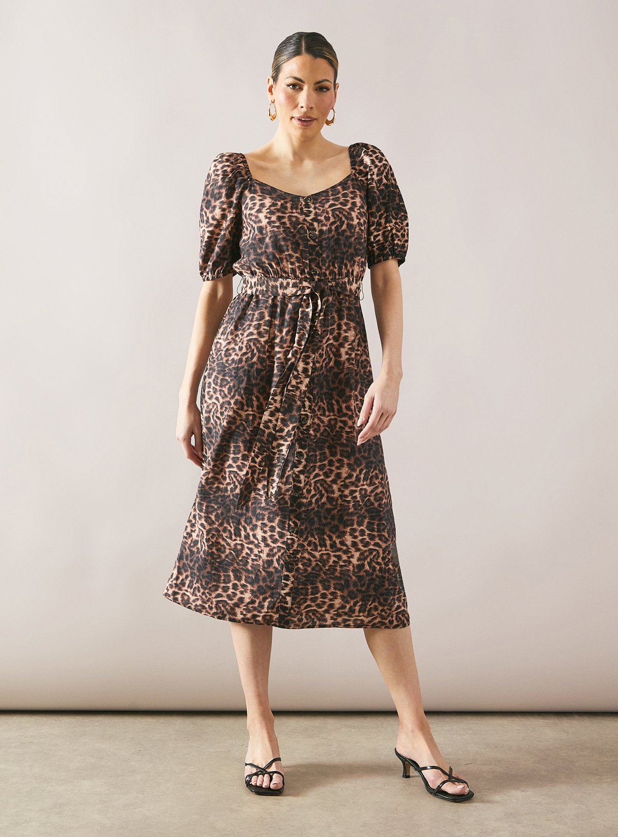 WALLIS Leopard Button Through Puff Sleeve Midi Dress 