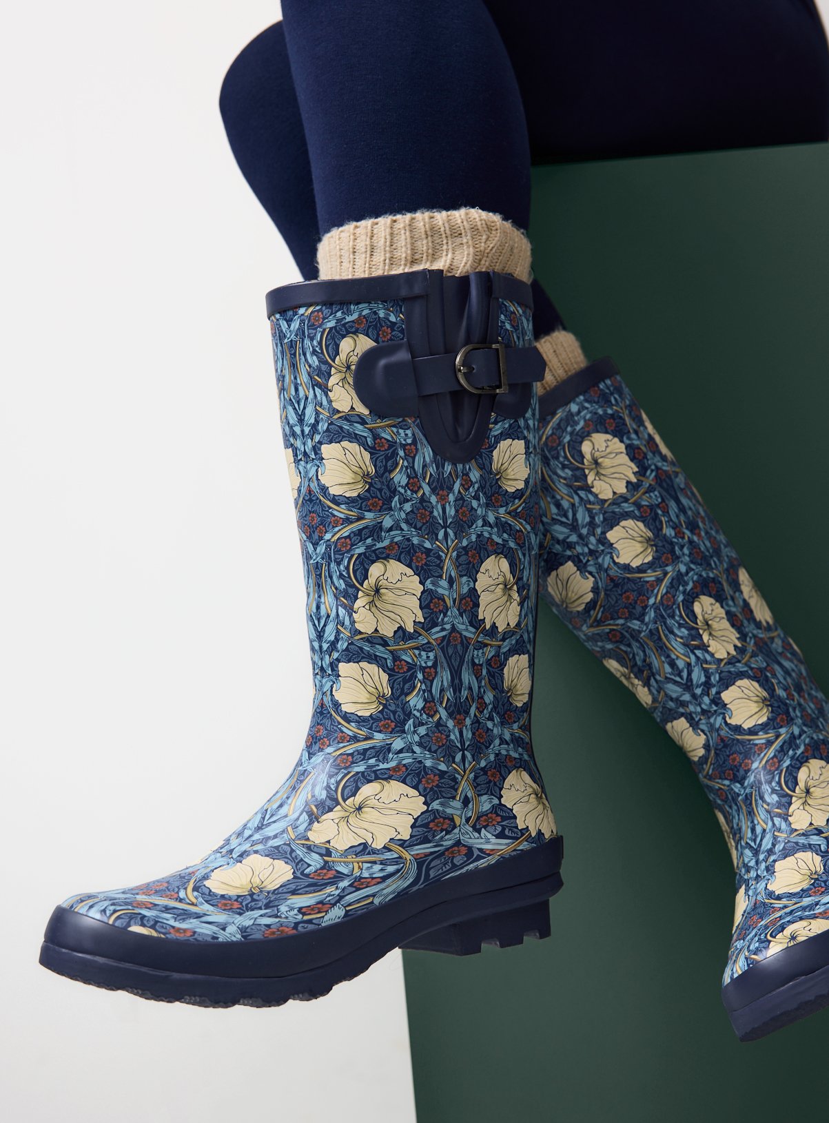 Tu x Morris & Co. Navy Pimpernel Print Long Leg Wellies