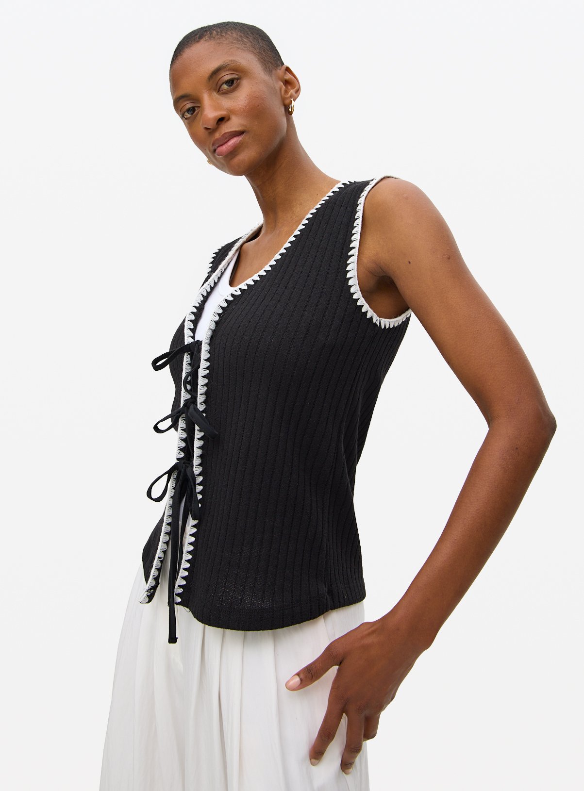 Black Tie Front Textured Top  22