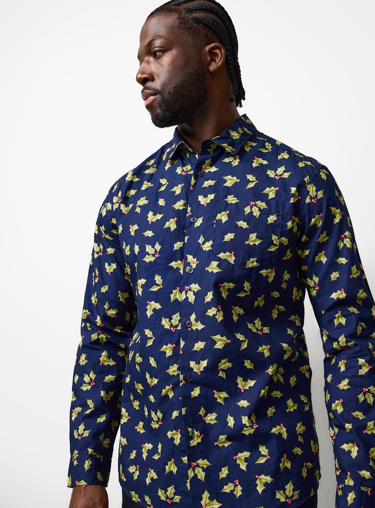 Navy Holly Print Poplin Shirt 