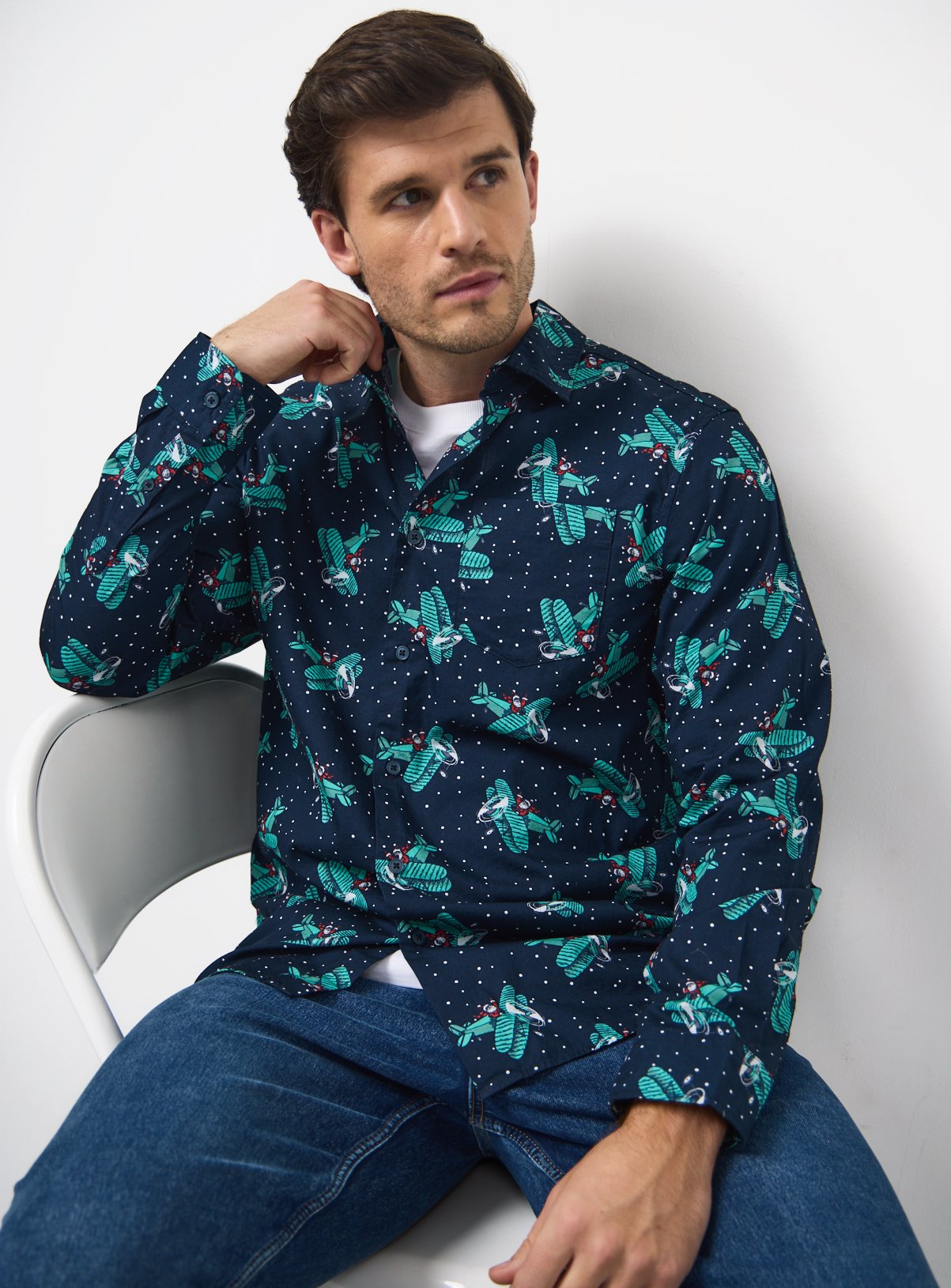 Navy Christmas Pilot Santa Printed Regular Shirt 