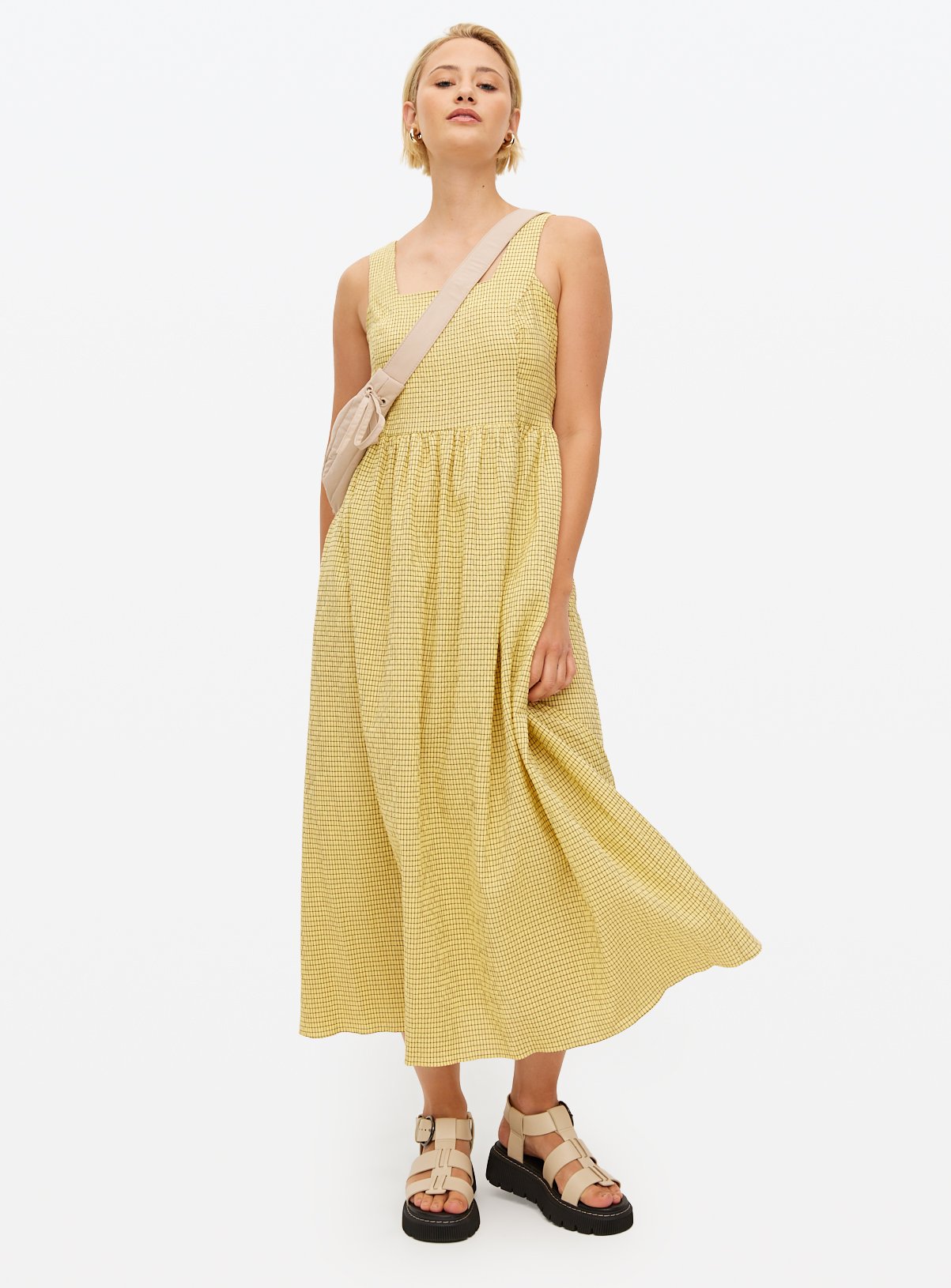 Yellow Gingham Check  Square Neck Midaxi Dress 