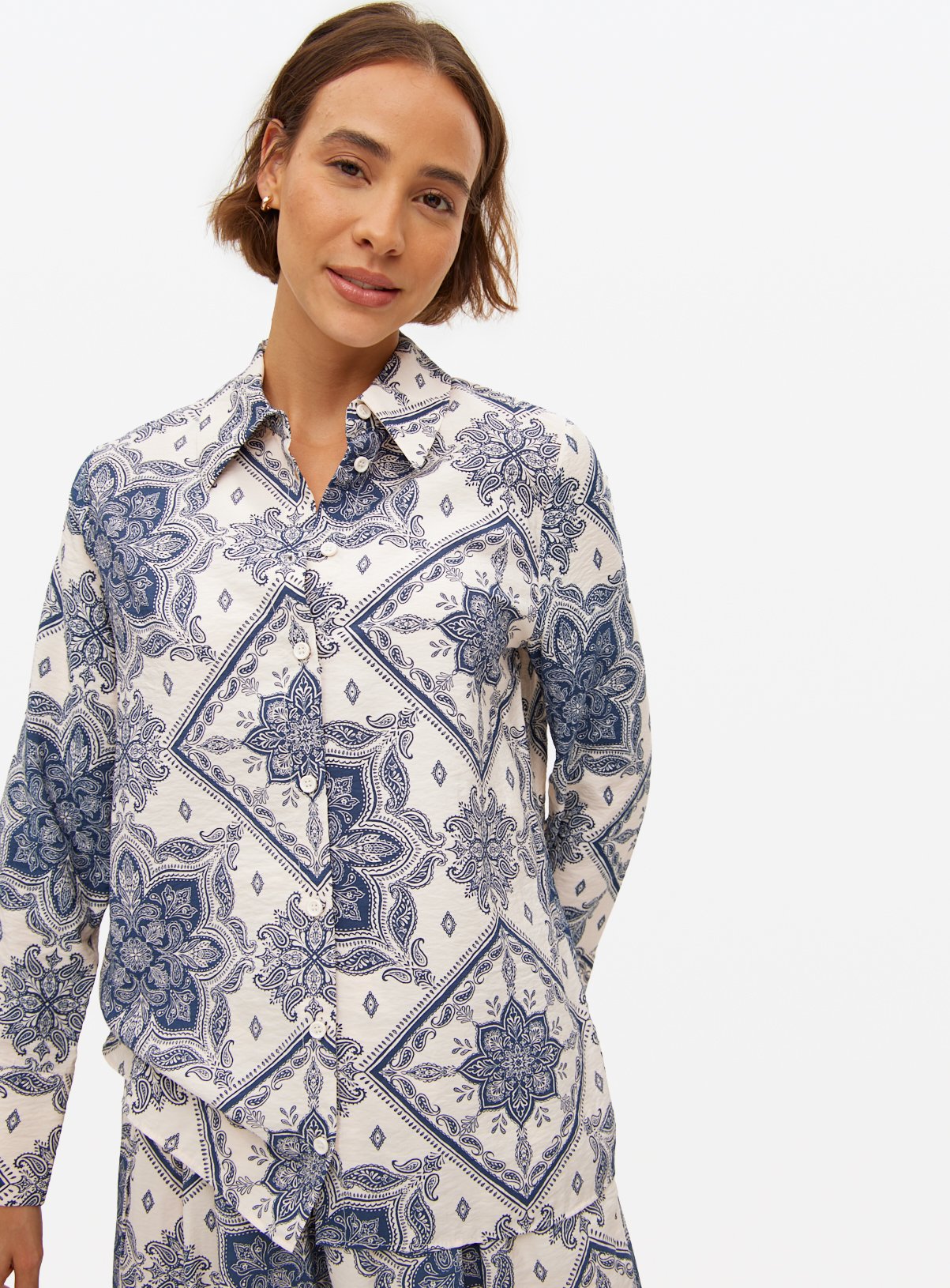 Ivory & Blue Scarf Printed Co-ord Shirt 