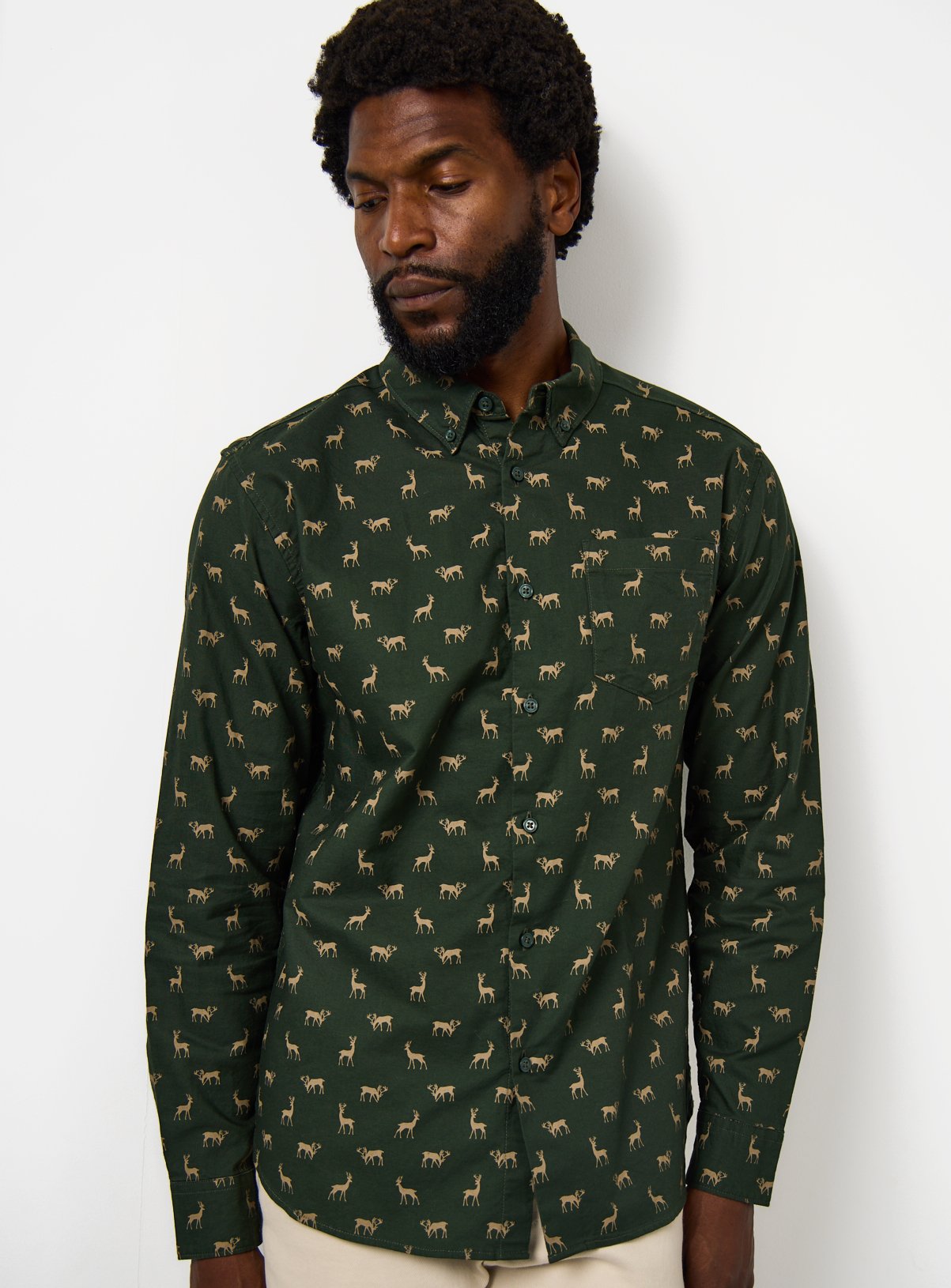 Khaki Stag Print Oxford Shirt