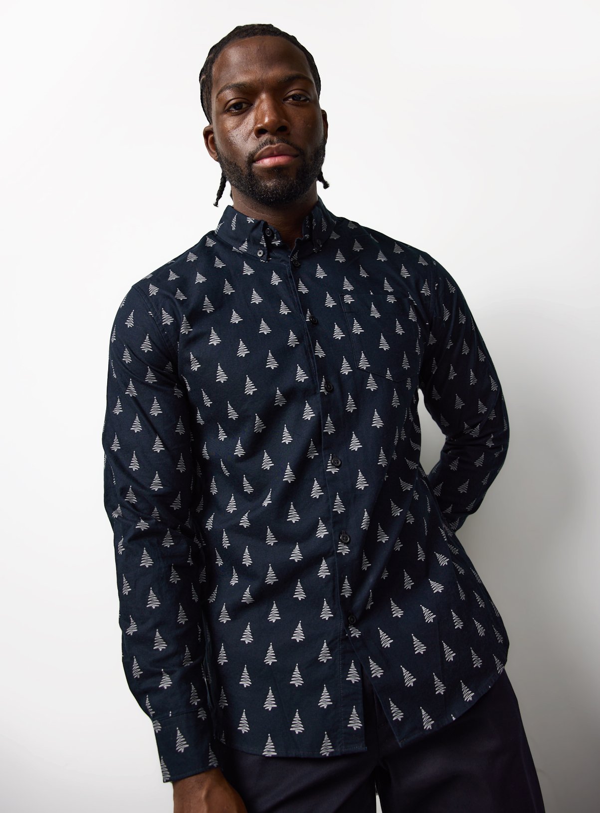 Black Spiral Christmas Tree Print Oxford Shirt 