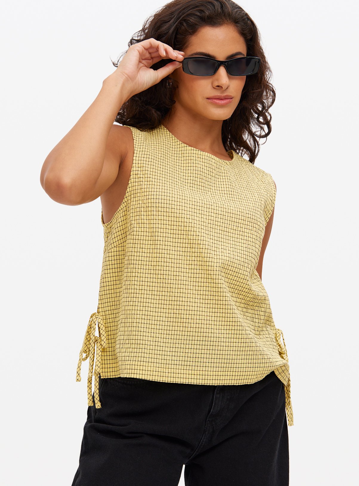 Yellow Gingham Print Sleeveless Shell Top 