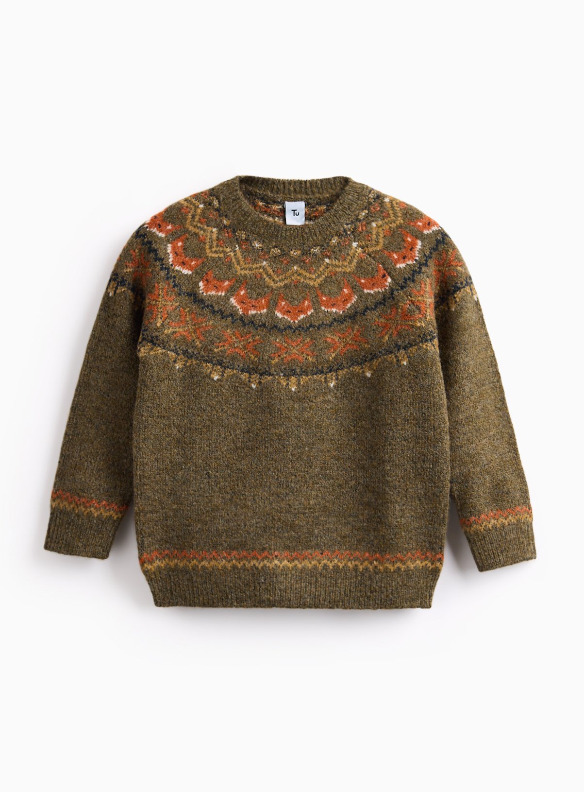 Khaki Fairisle Fox Design Knitted Jumper 