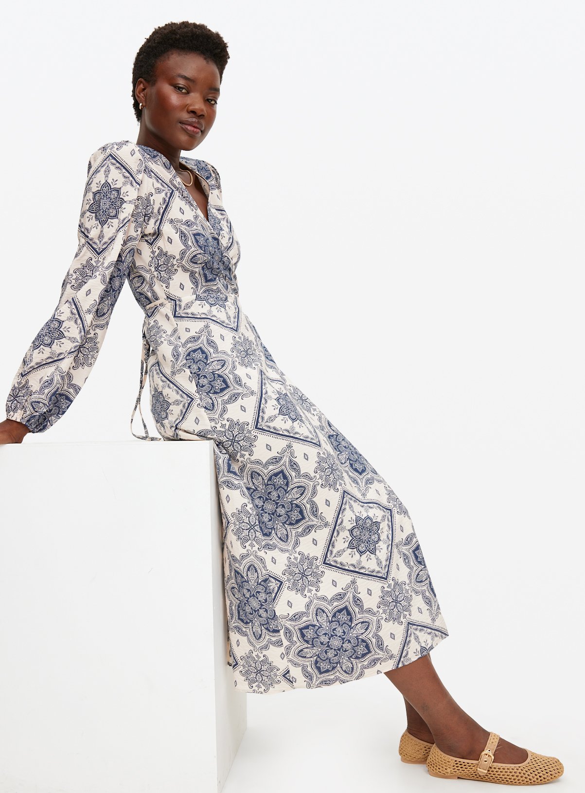 Blue Scarf Printed Wrap Front Midaxi Dress 