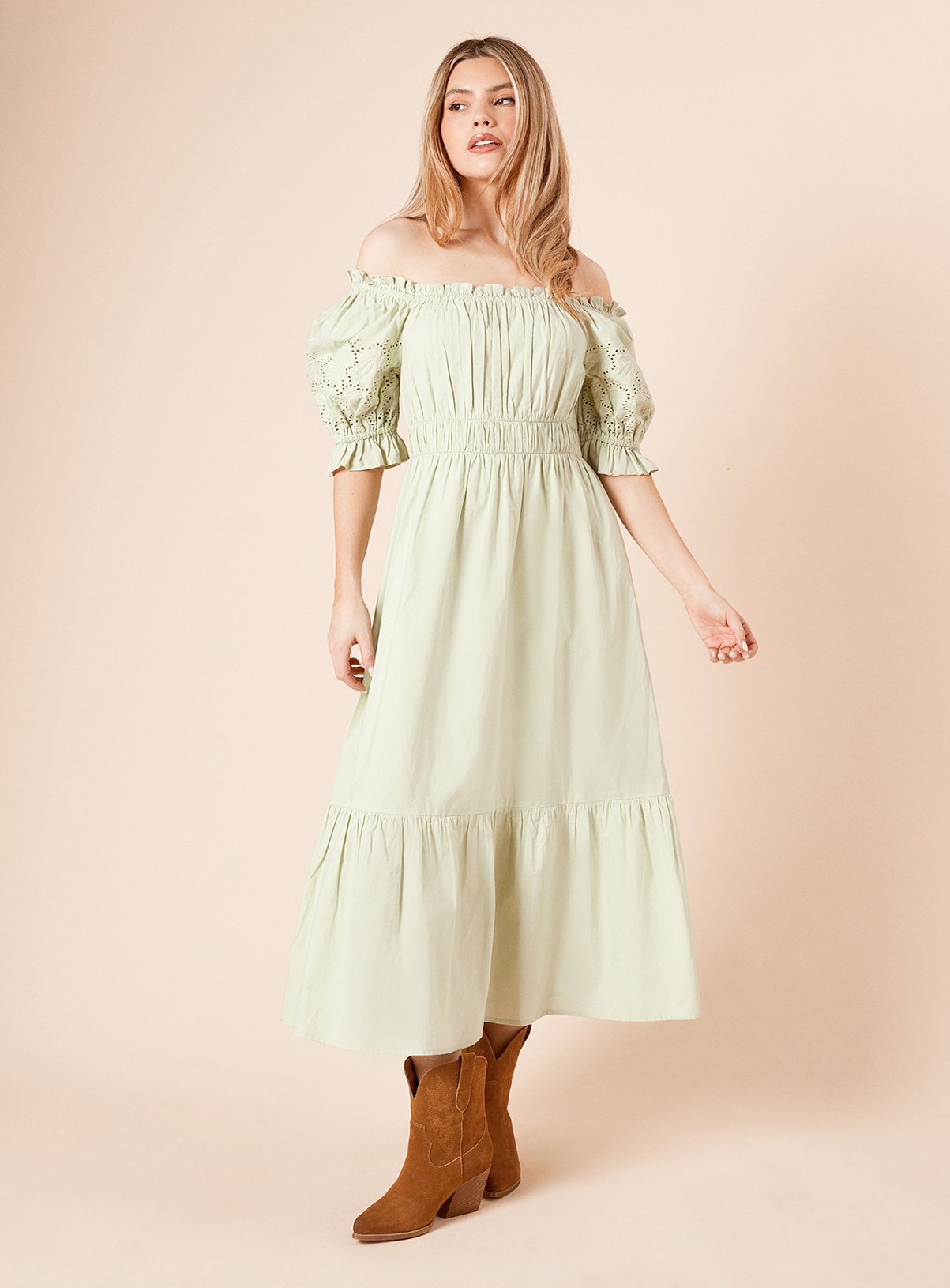 DOROTHY PERKINS Cut Work Sleeve Poplin Bardot Dress 