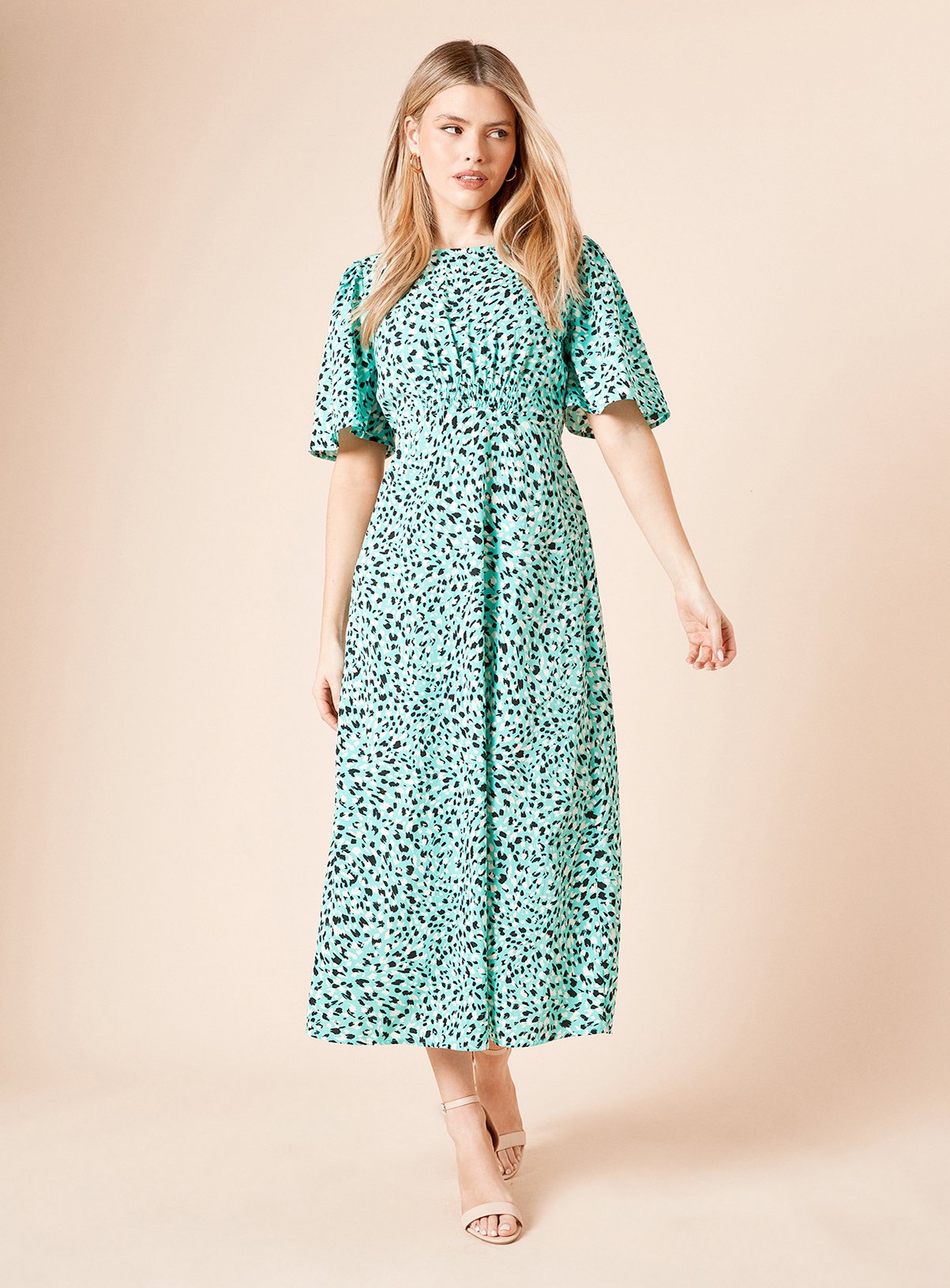 DOROTHY PERKINS Green Animal Flutter Sleeve Shirred Waist Midi Dress 