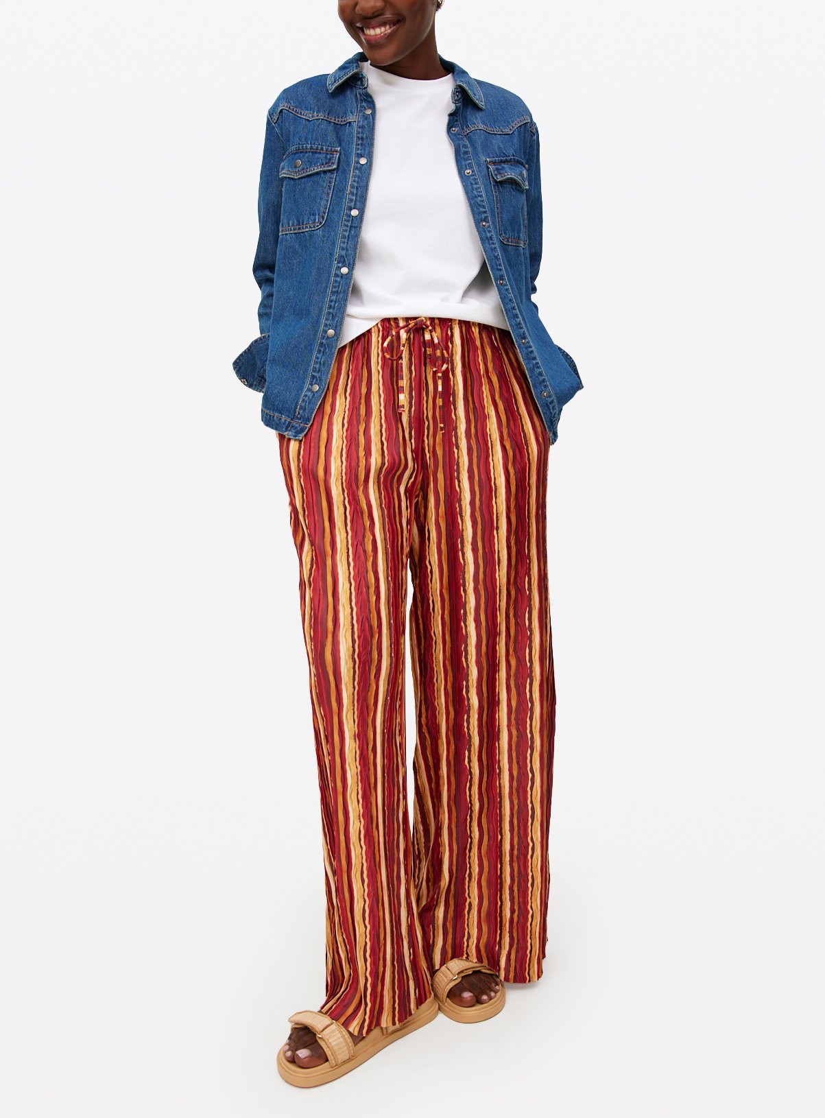 Tonal Striped Wide Leg Plisse Trousers
